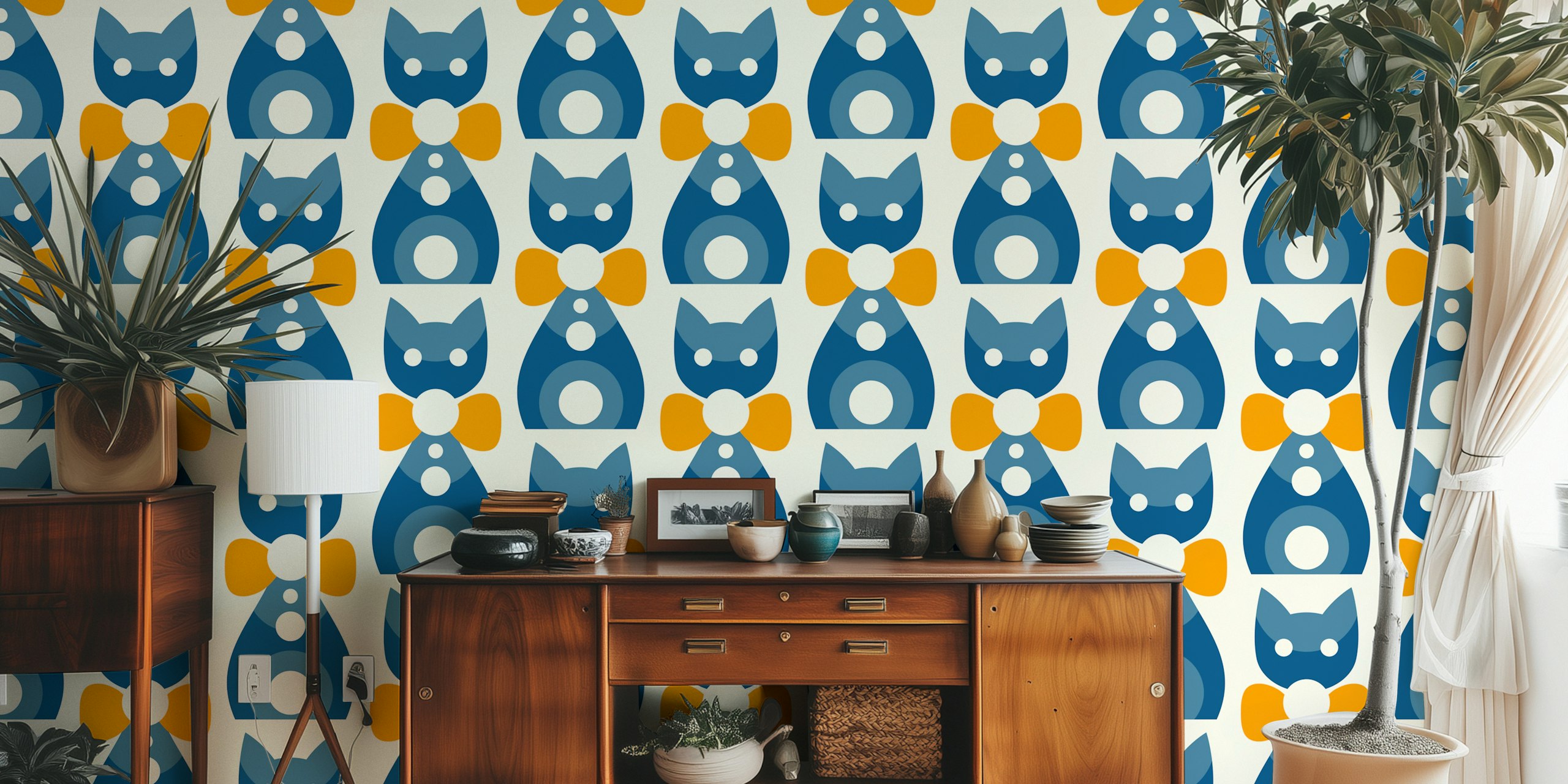 Geometric Kitty Charm - Blue Yellow tapeta v modré a žluté
