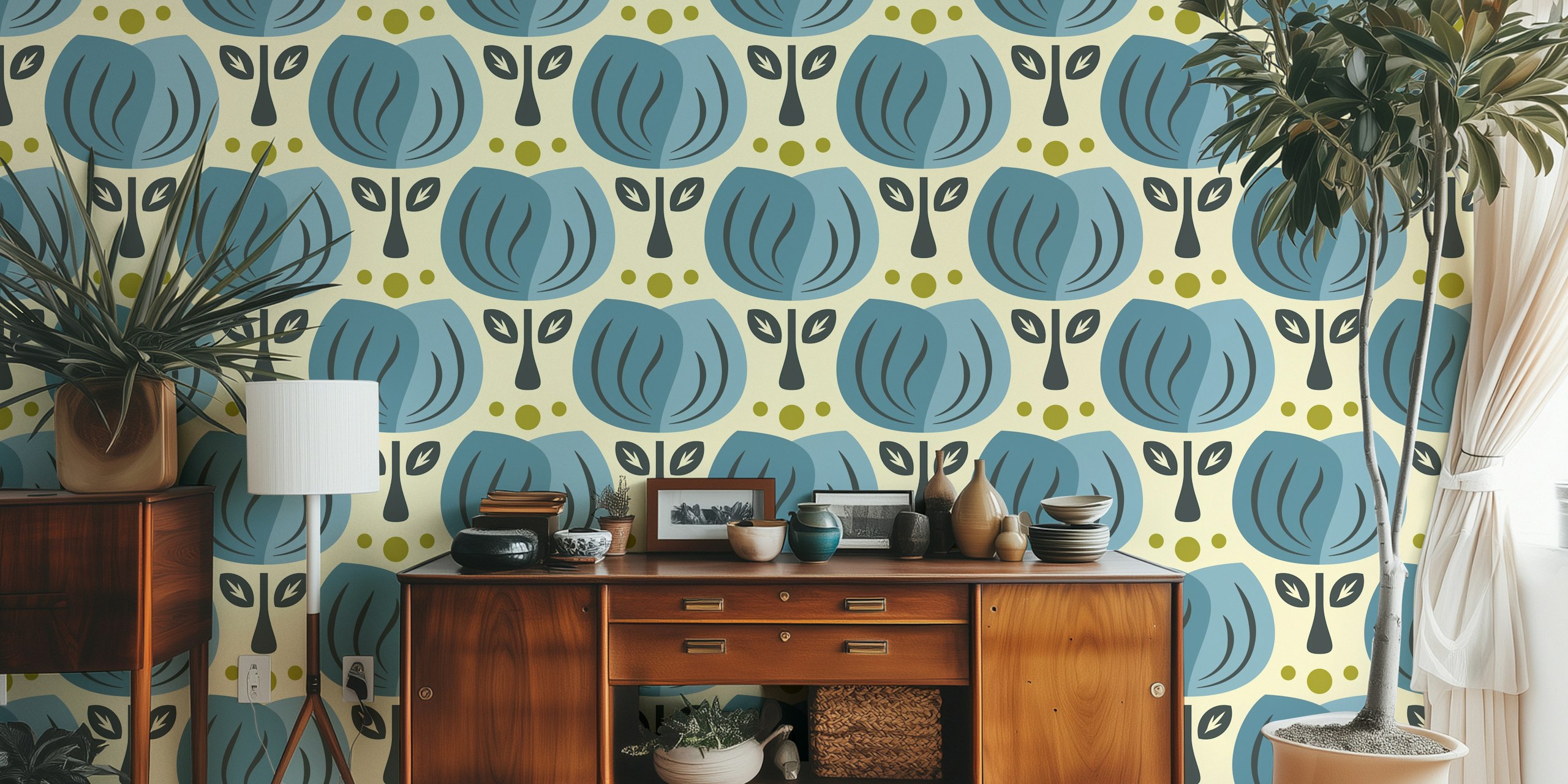 Retro tulip wallpaper design in blue colors.