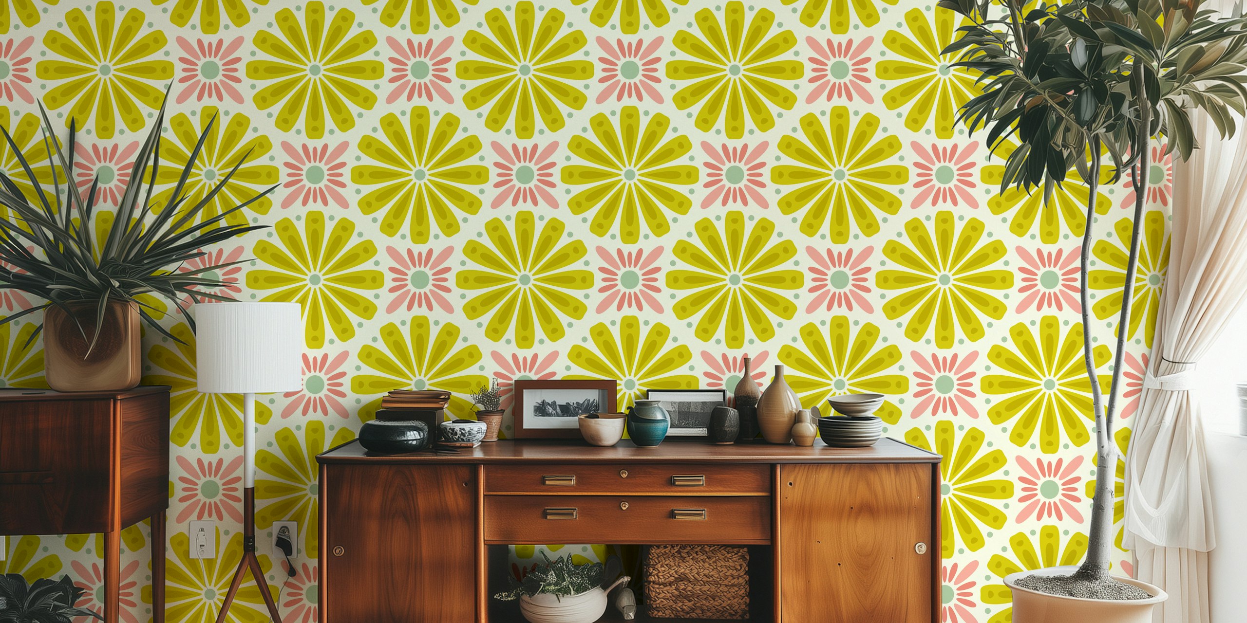 Colorful flowers in green and pink on cream background wallpaper