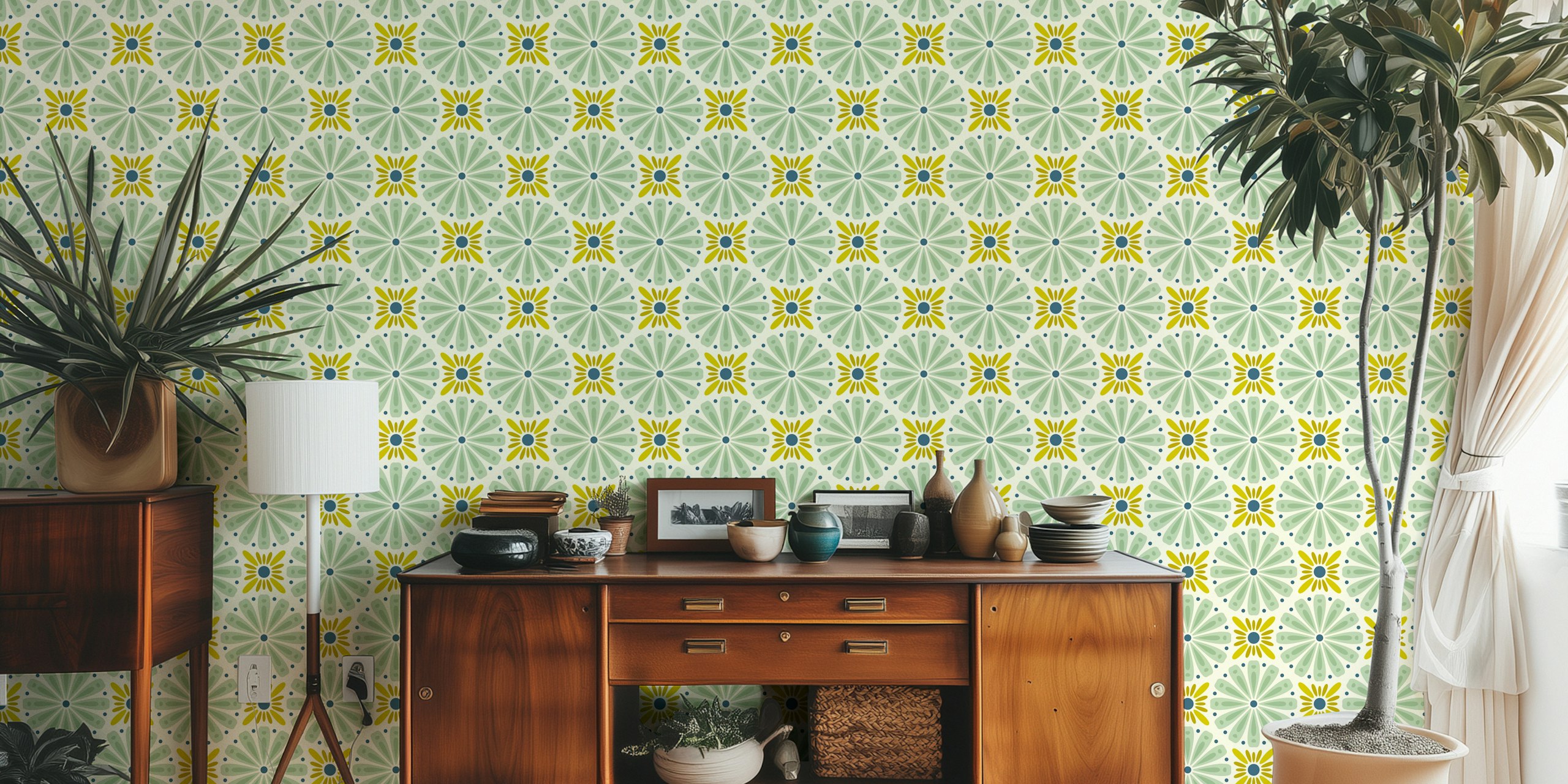 Papel pintado Sunburst Floral Magic in Green en una habitación