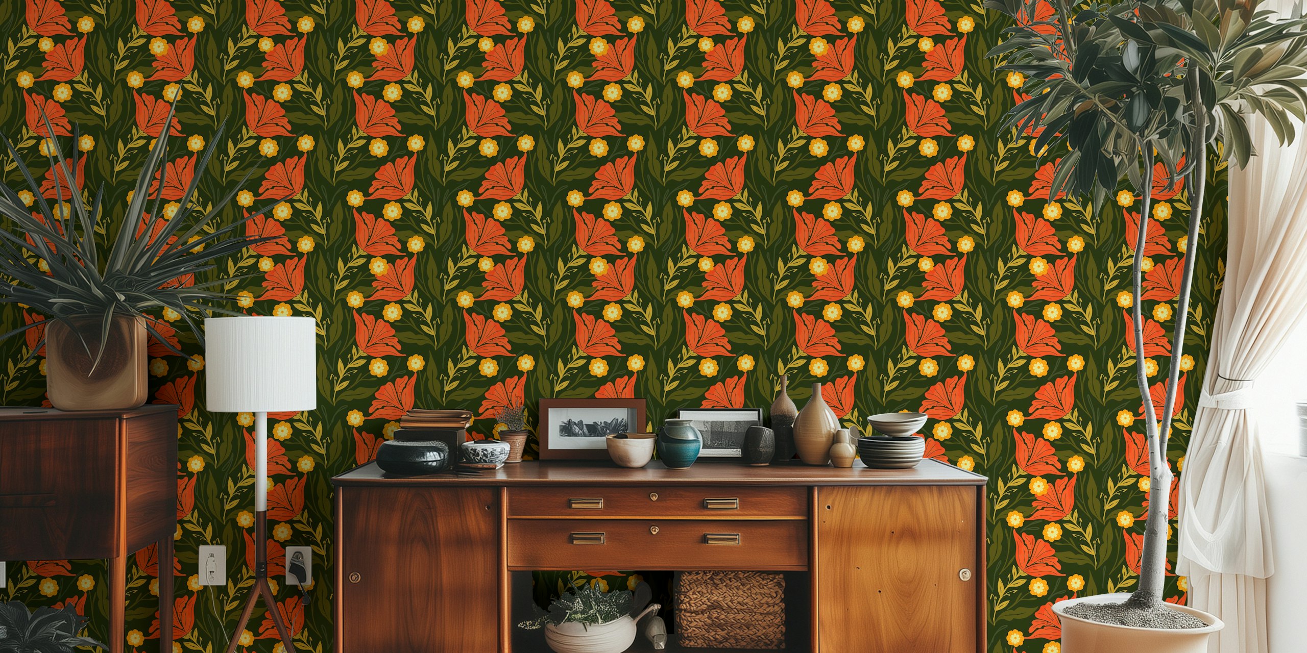 Cozy floral escape wallpaper in a room