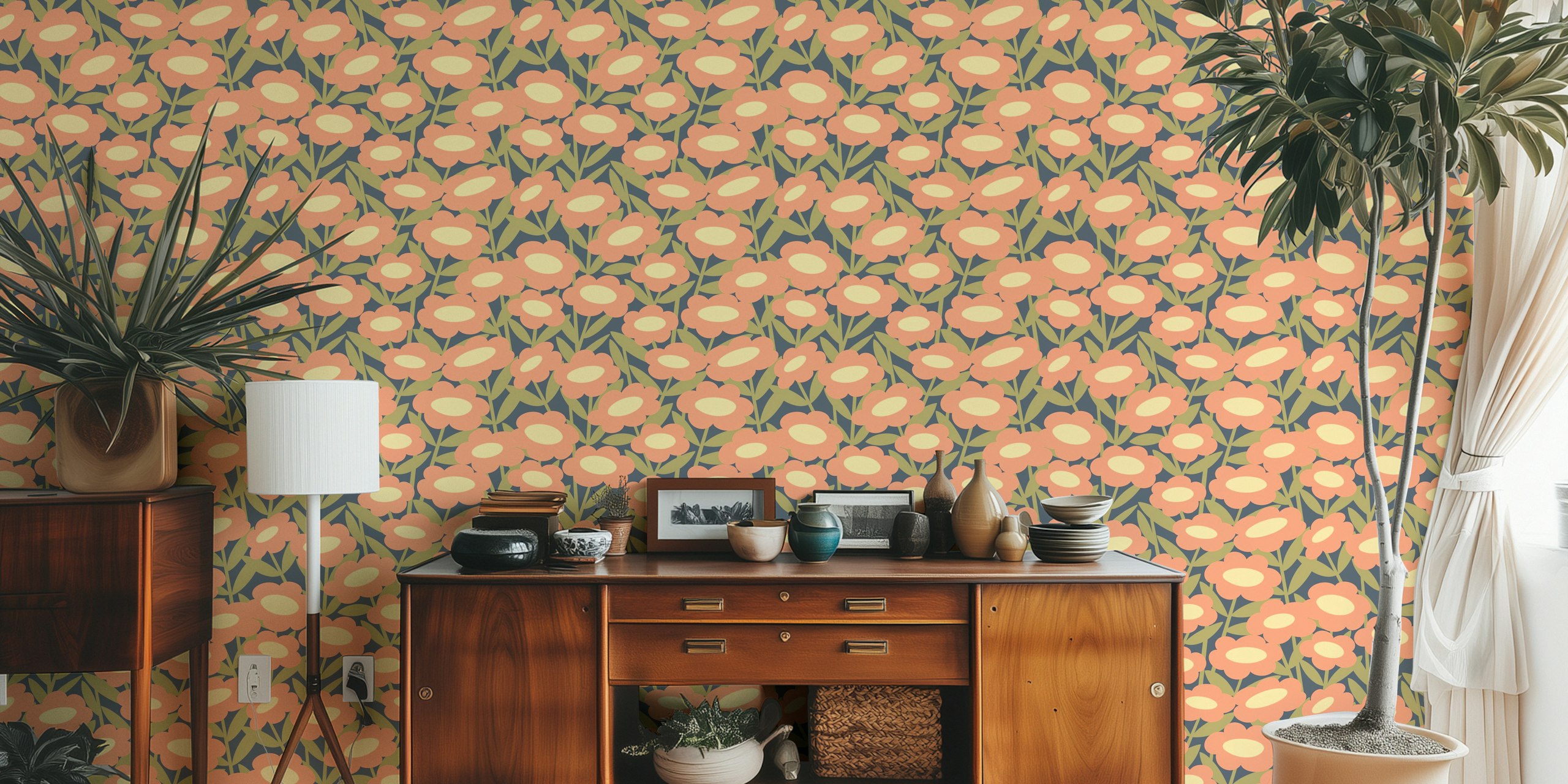 Peach floral wallpaper with green leaves on navy background