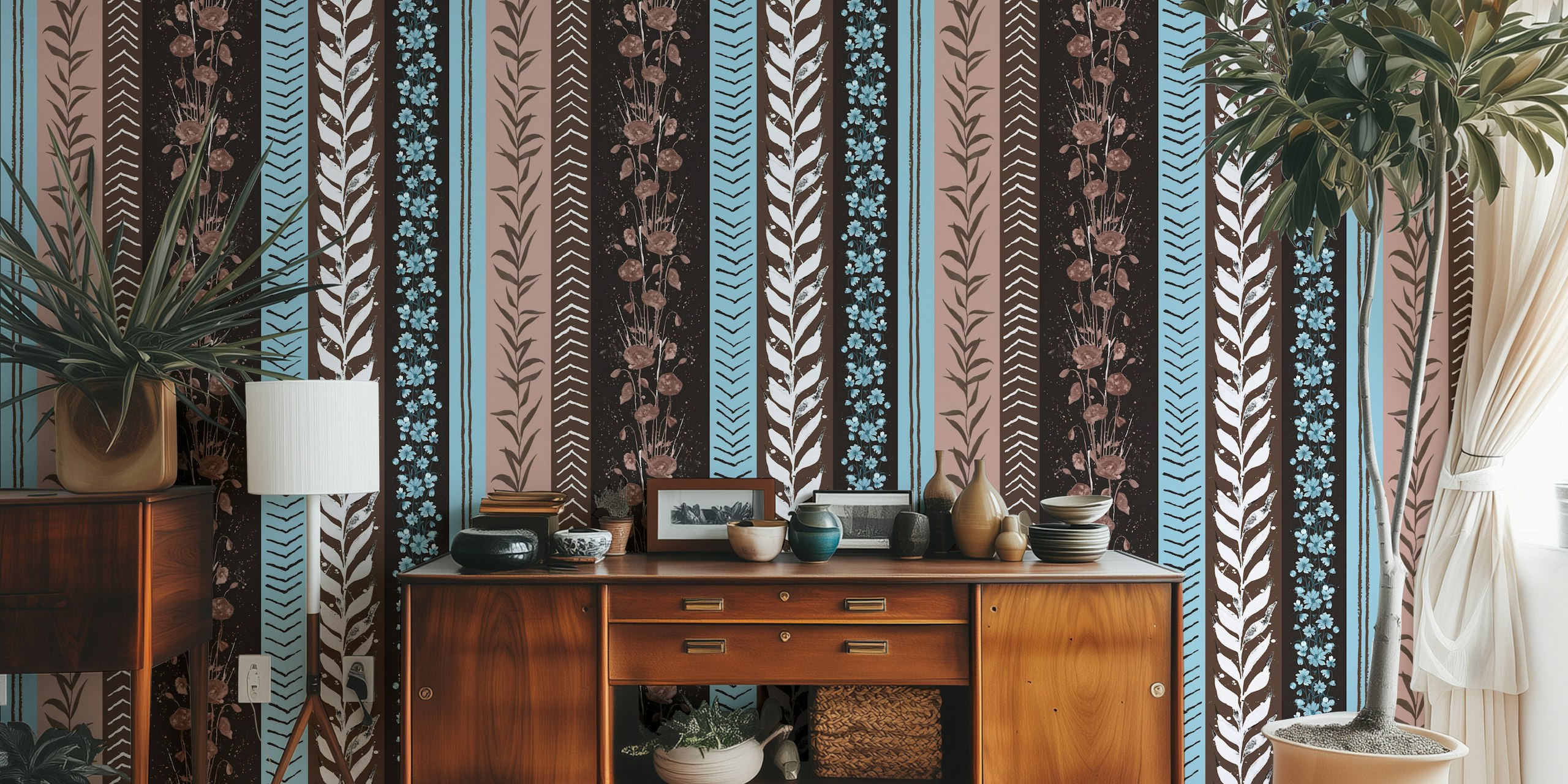 Ταπετσαρία Autumn Stripes Modern Copper Blue σε ένα δωμάτιο