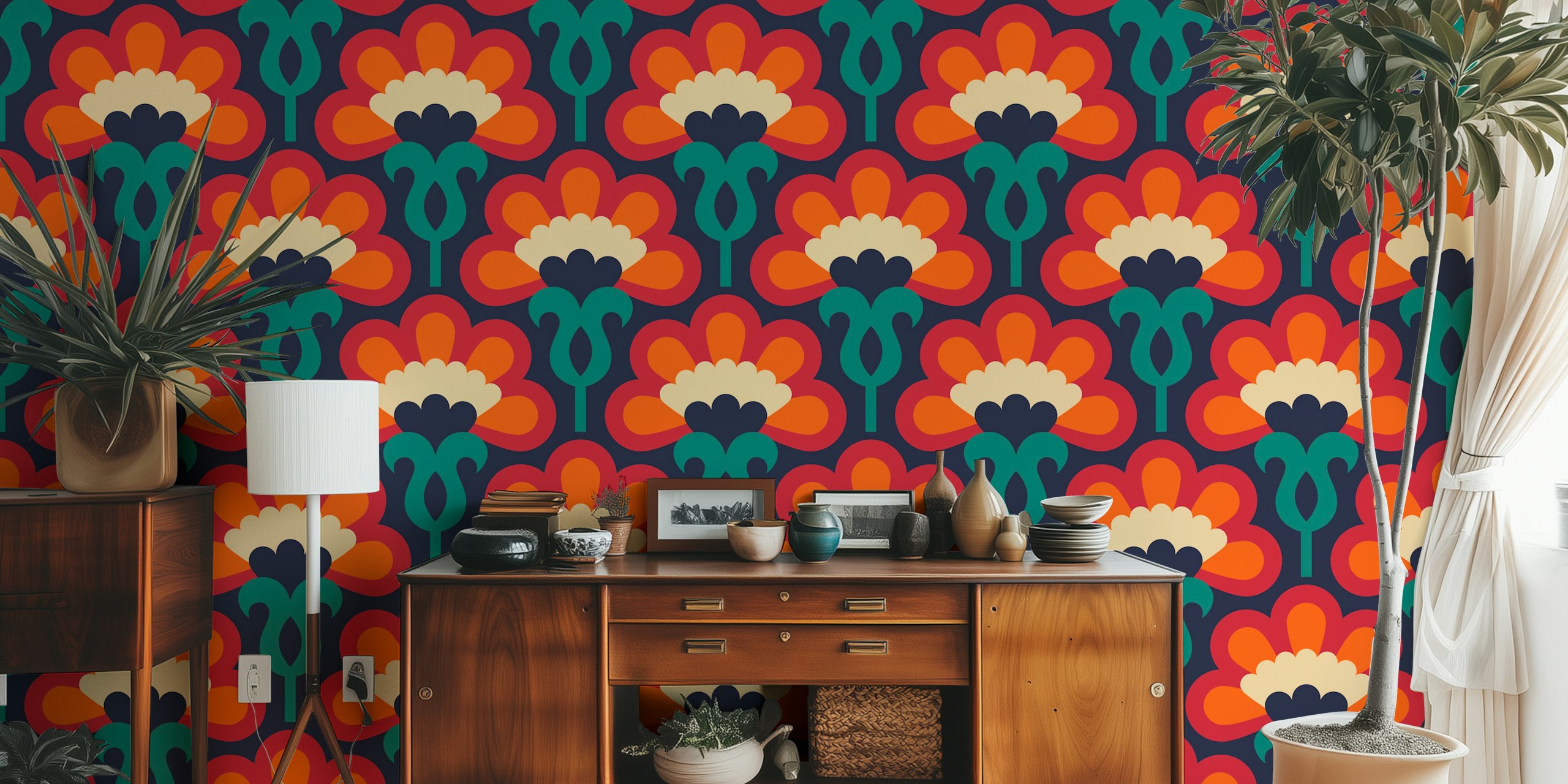 Retro Bloom Symphony tapet i en rumsinställning