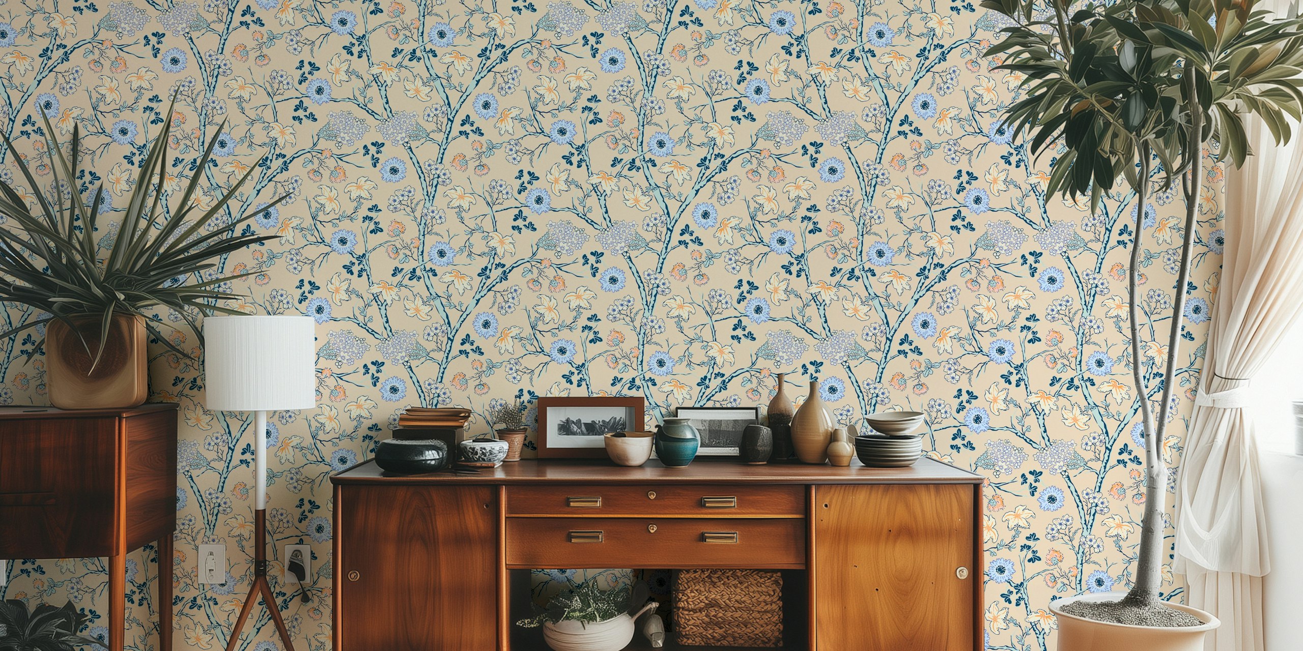 Floral design with blue and pink flowers on beige wallpaper