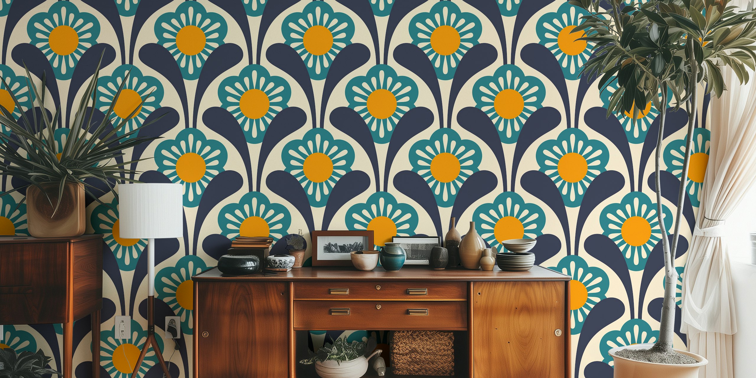 Papier peint Mid-Century Flower Power dans une pièce