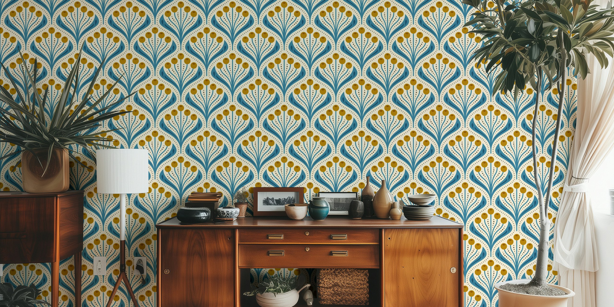 Floral pattern with blue and gold flowers on a beige background wallpaper