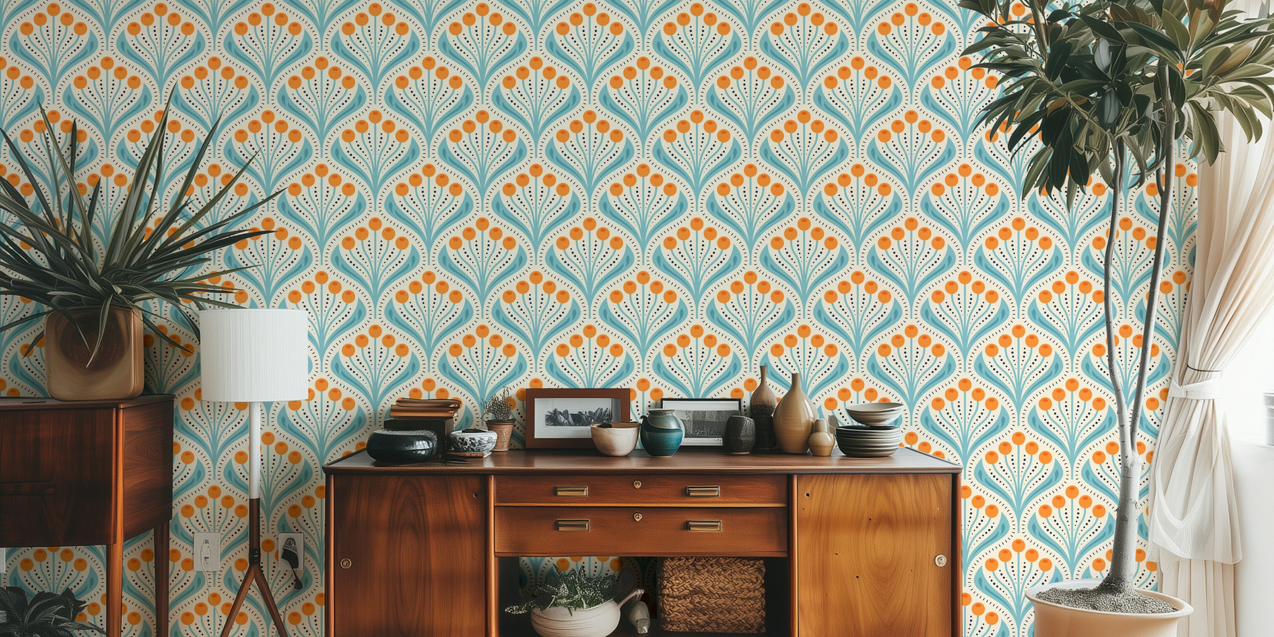Blue and orange floral pattern wallpaper with vintage style