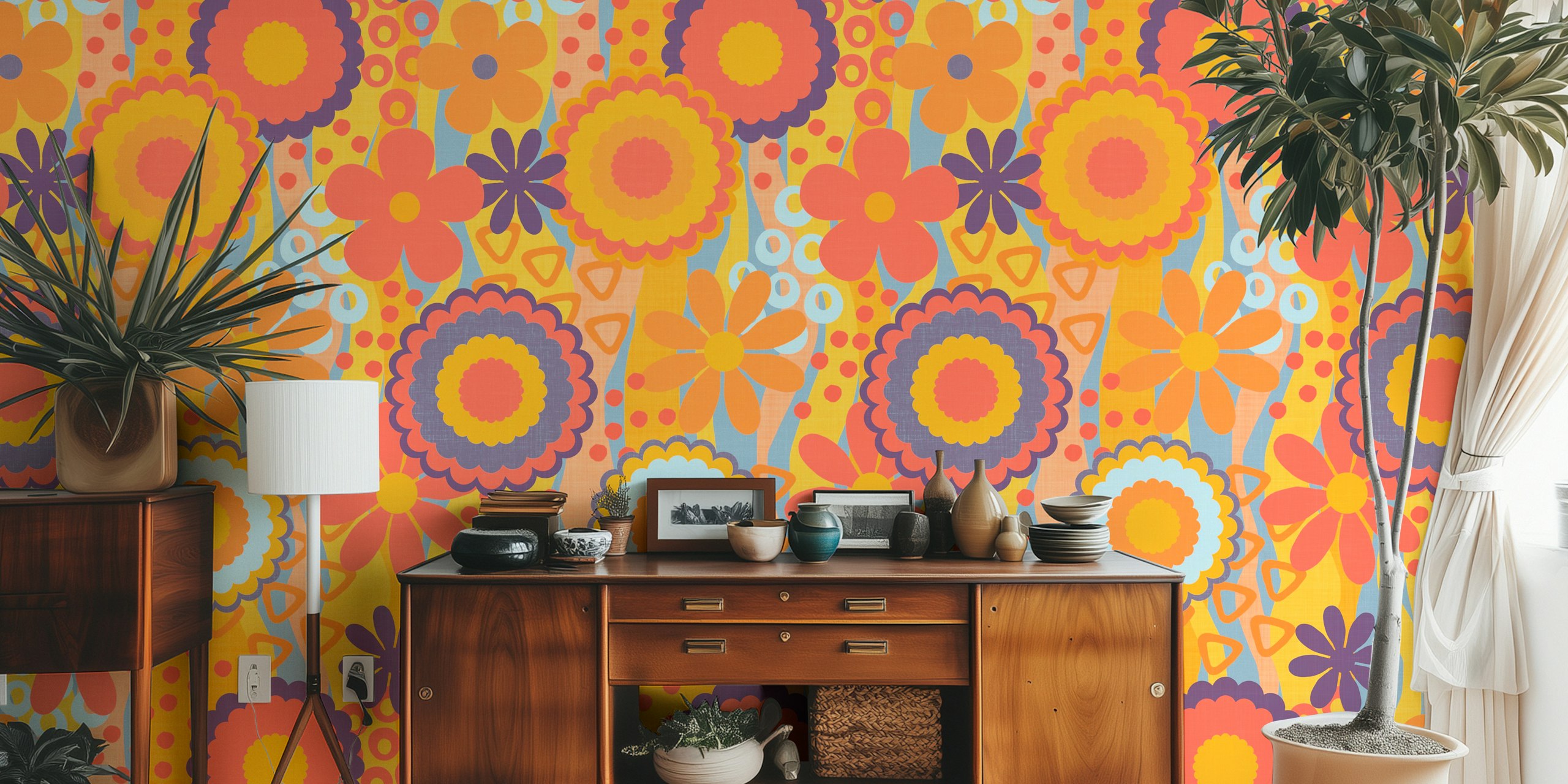 Colorful 70s flower pattern wallpaper in a room