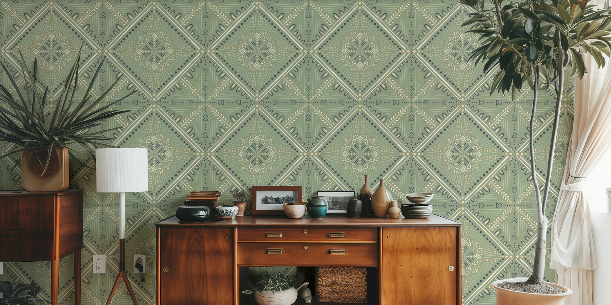 Boho Geometric Tile Sage Green tapet i et rom