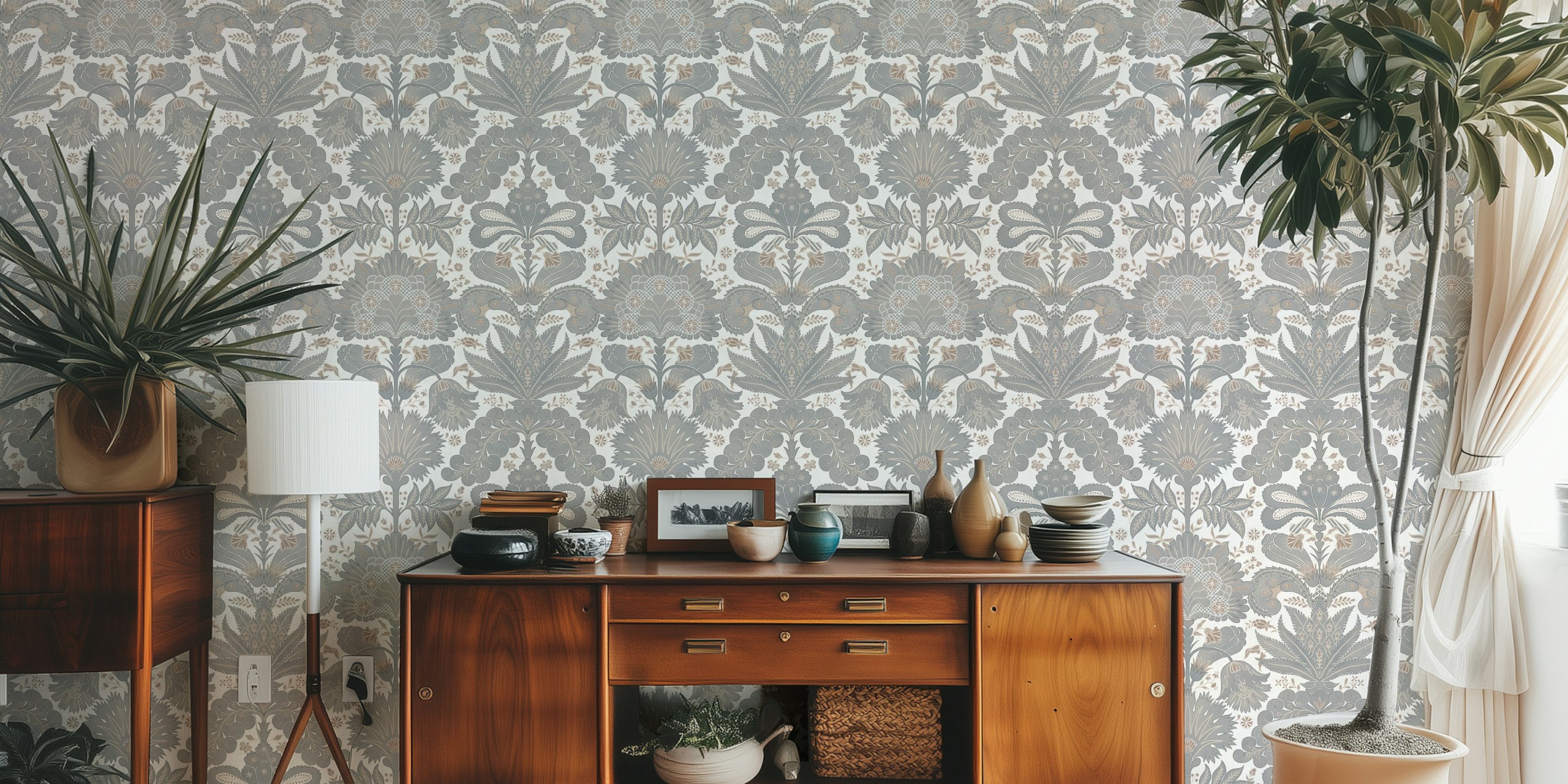 Grey and beige floral damask pattern wallpaper