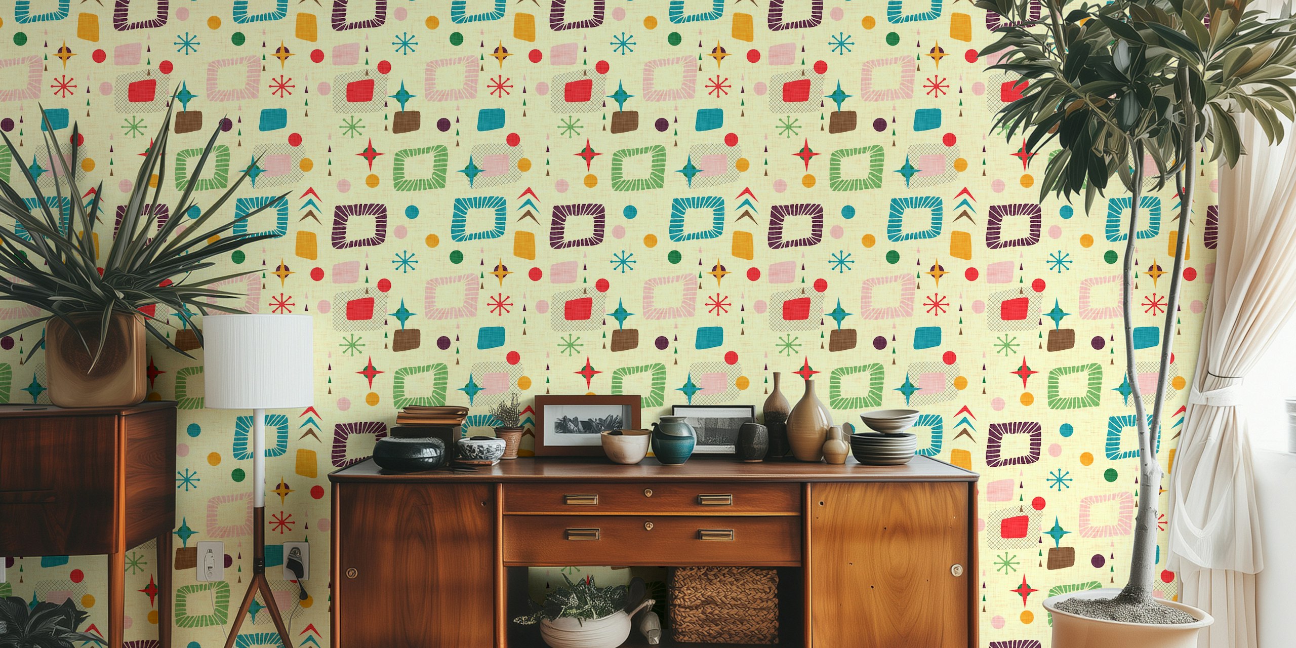 Colorful geometric shapes with vibrant colors on beige wallpaper