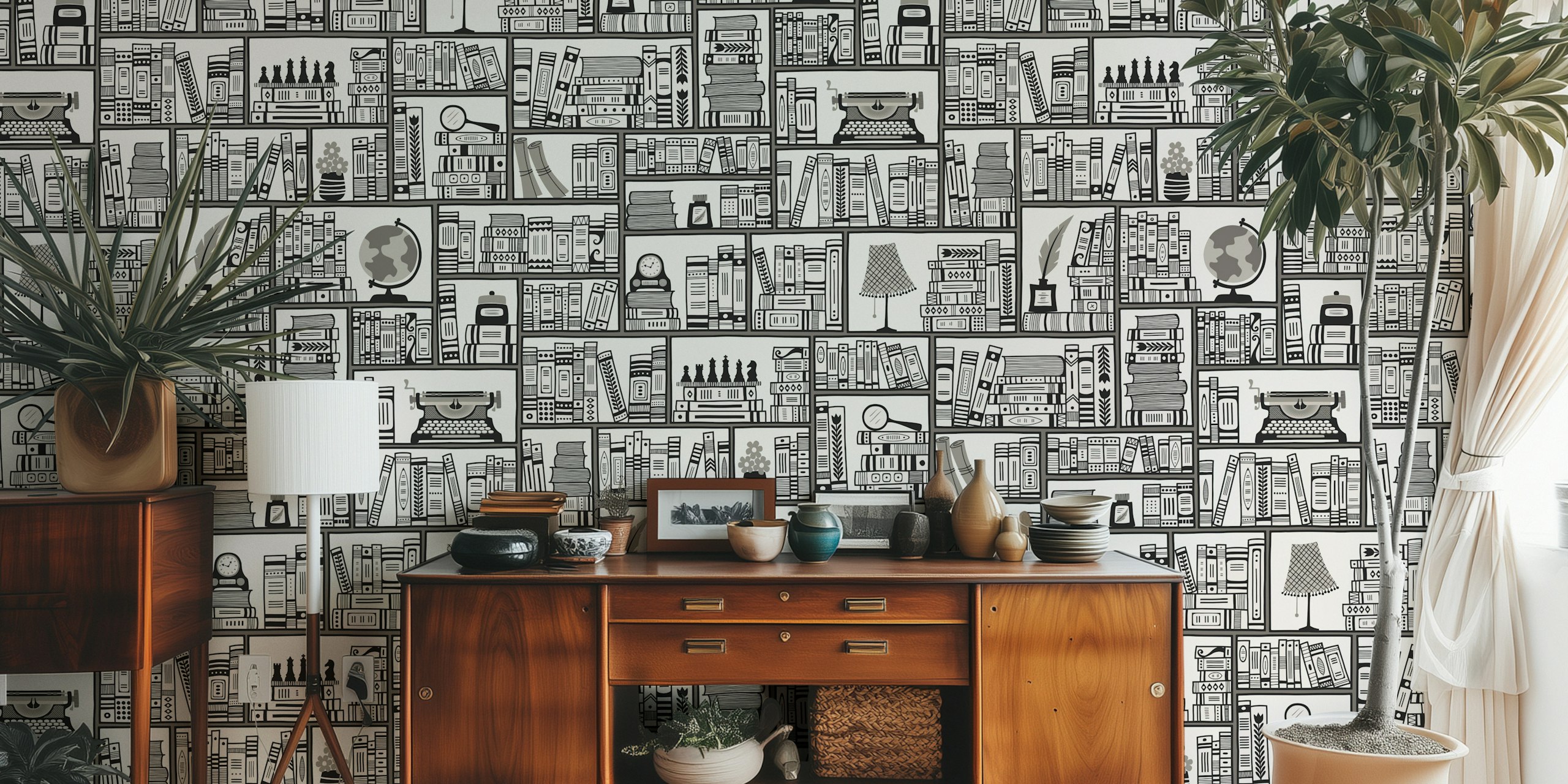 Black and white illustrated book lover's library wallpaper. Bookshelves filled with books, globes, and decor elements.