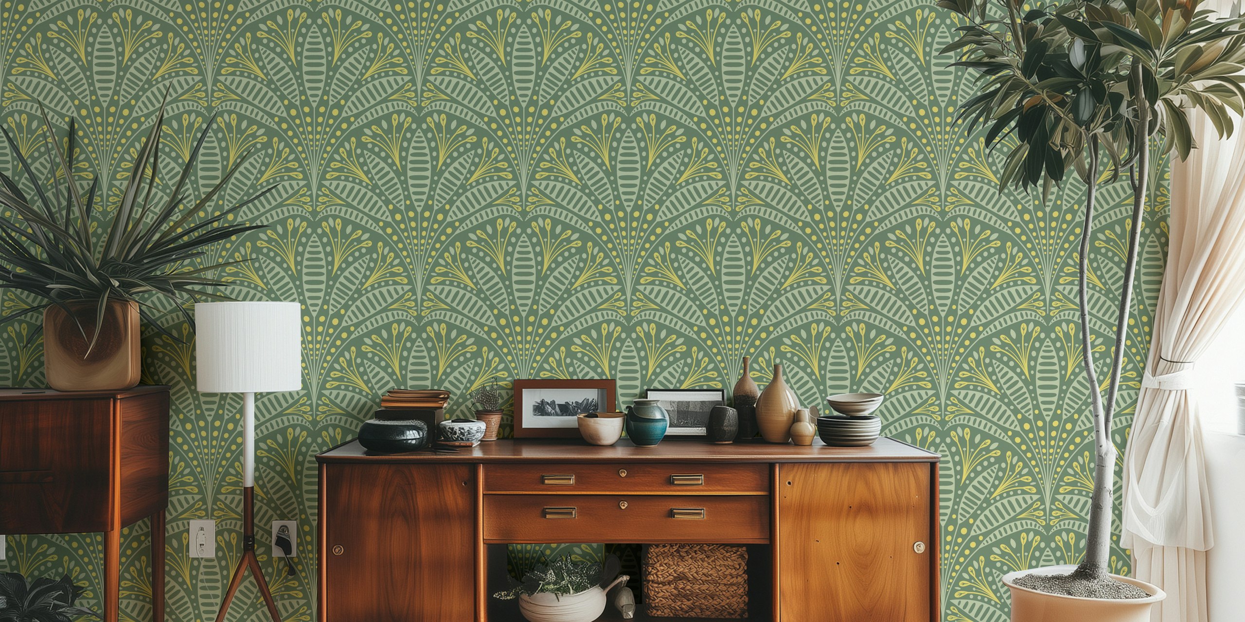 Green leafy floral pattern wallpaper with yellow accents