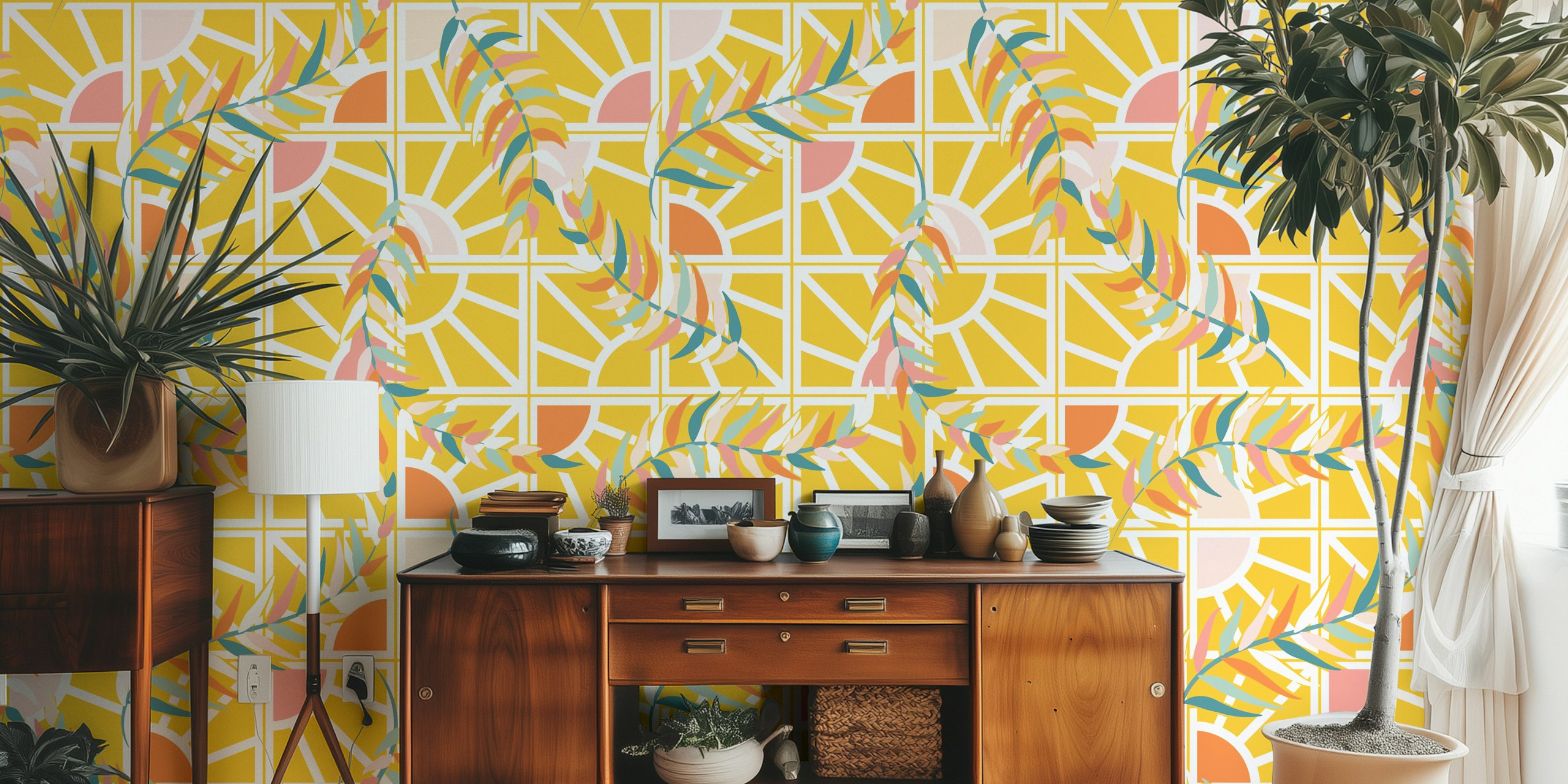 Floral and geometric pattern in sun yellow, pink, and teal wallpaper