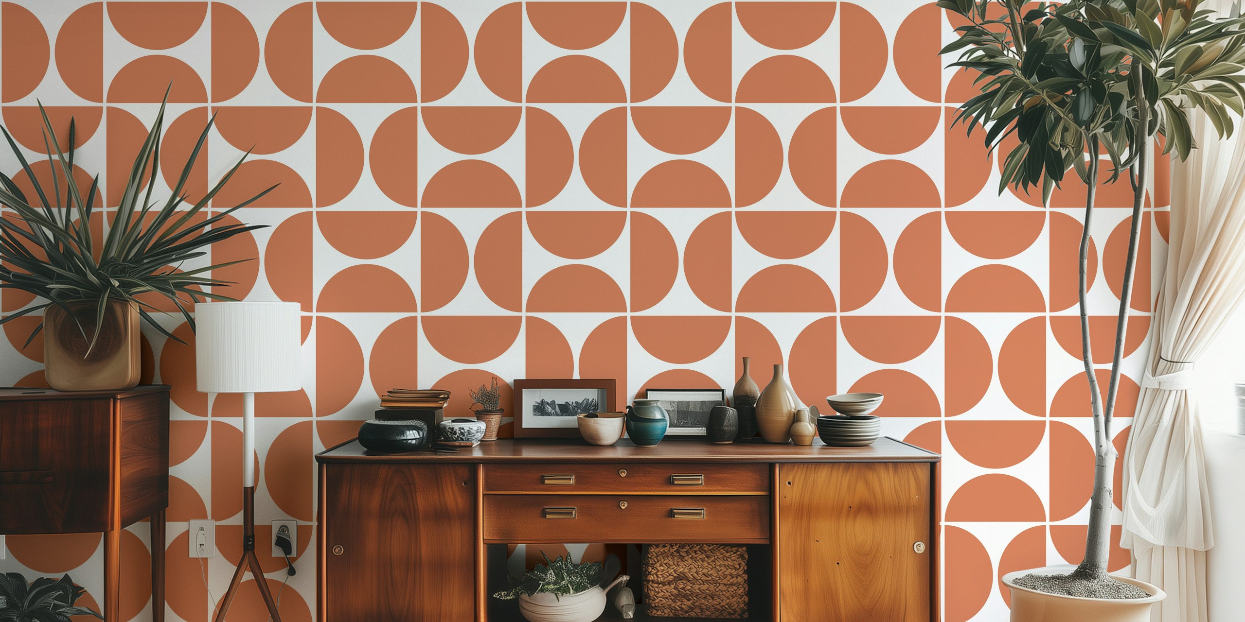 Terracotta geometric pattern wallpaper with circles and semi-circles