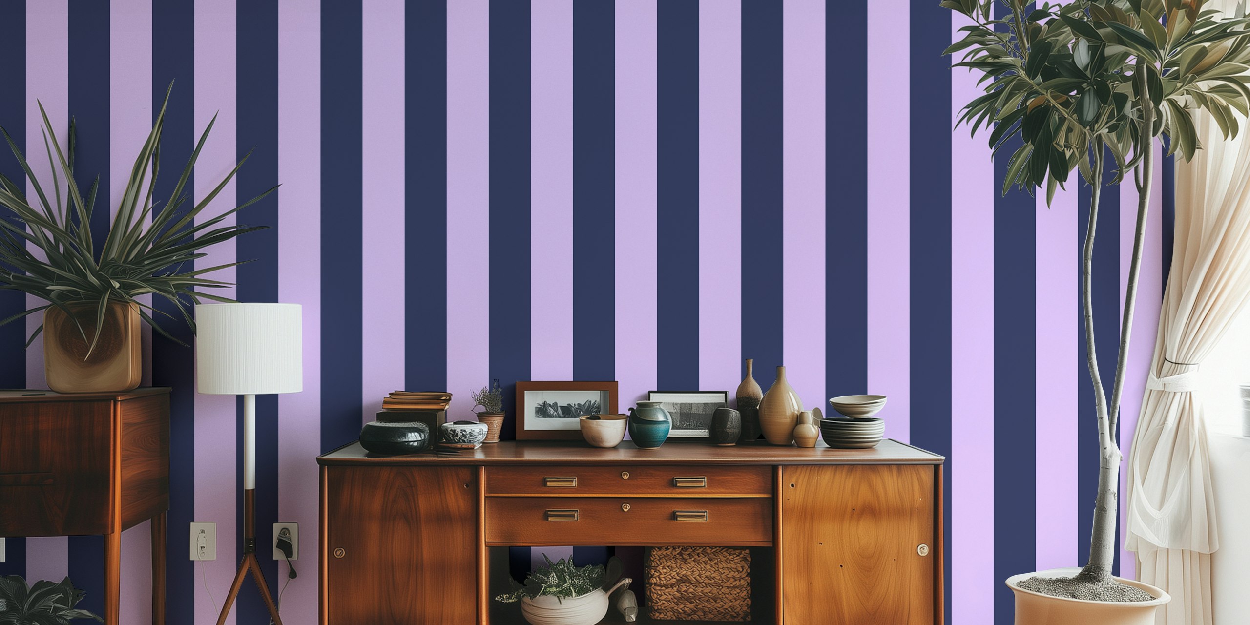 Lilac and navy blue awning stripe wallpaper in a room