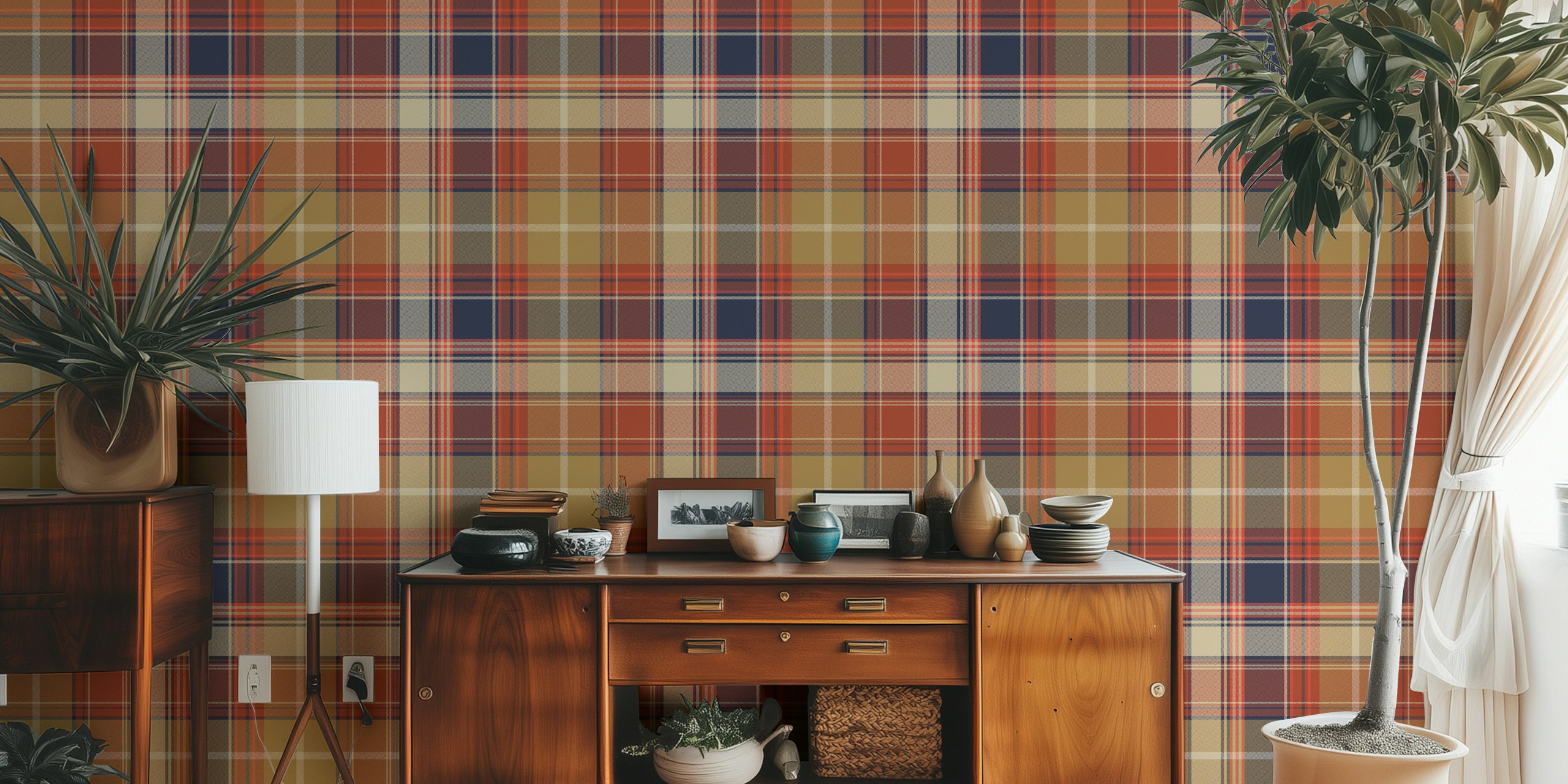 Plaid wallpaper in blue, rust, red, and beige colors with a classic check pattern