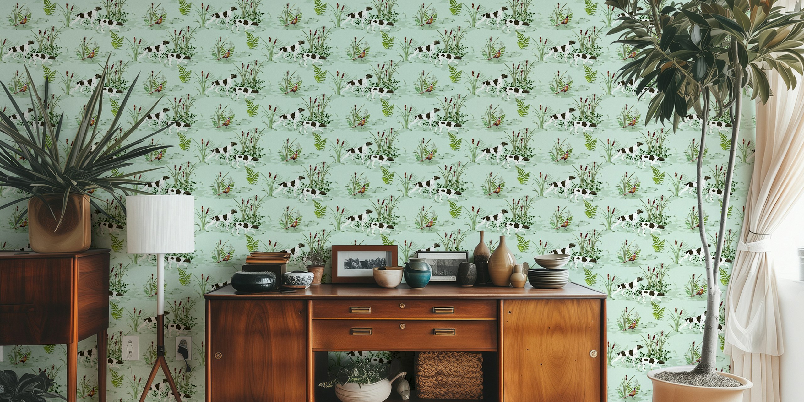 Vintage hunting dog scene with greenery and birds, ice blue wallpaper