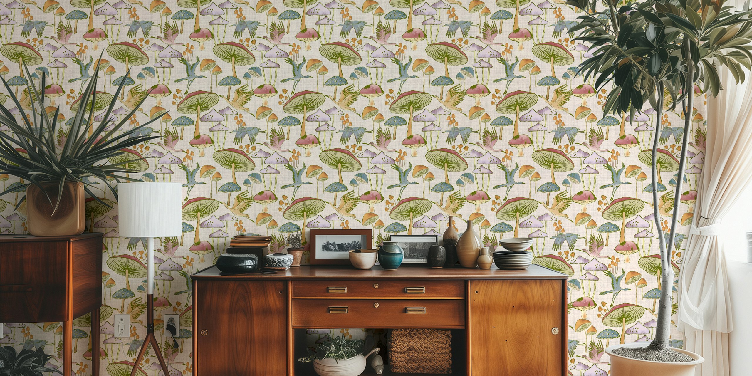 Wallpaper with flying cranes and mushrooms
