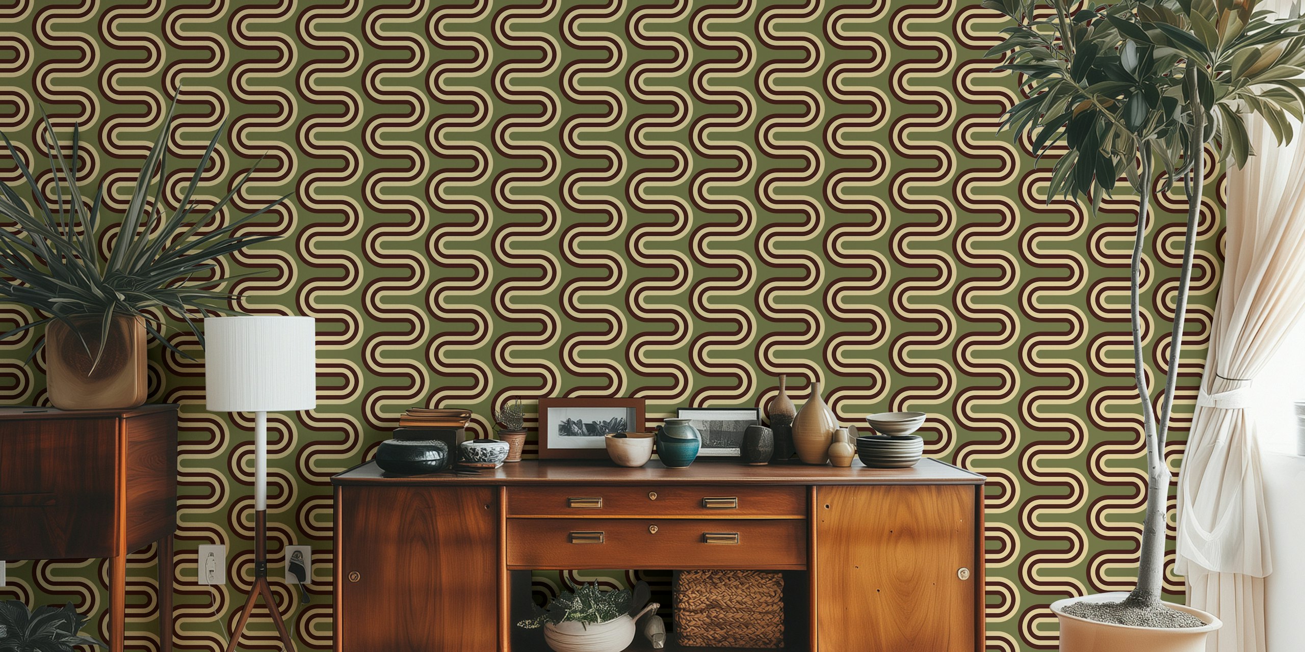 Zig-zag curved stripes wallpaper dans une pièce