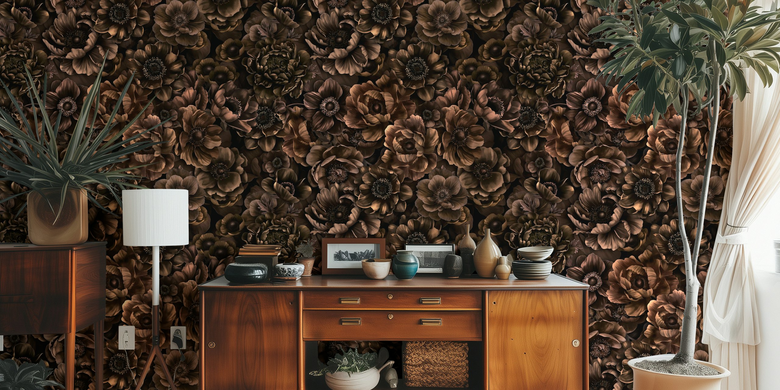 Nocture Twilight Brown Petals wallpaper in a room