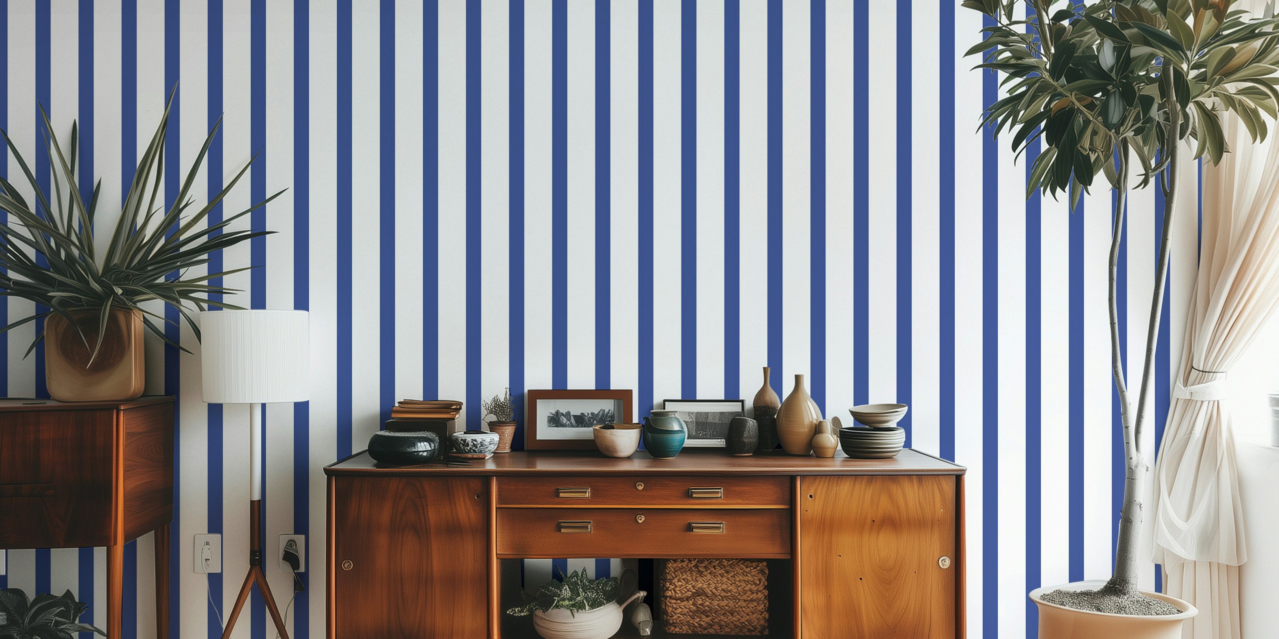 Minimal striped design in indigo blue and beige wallpaper