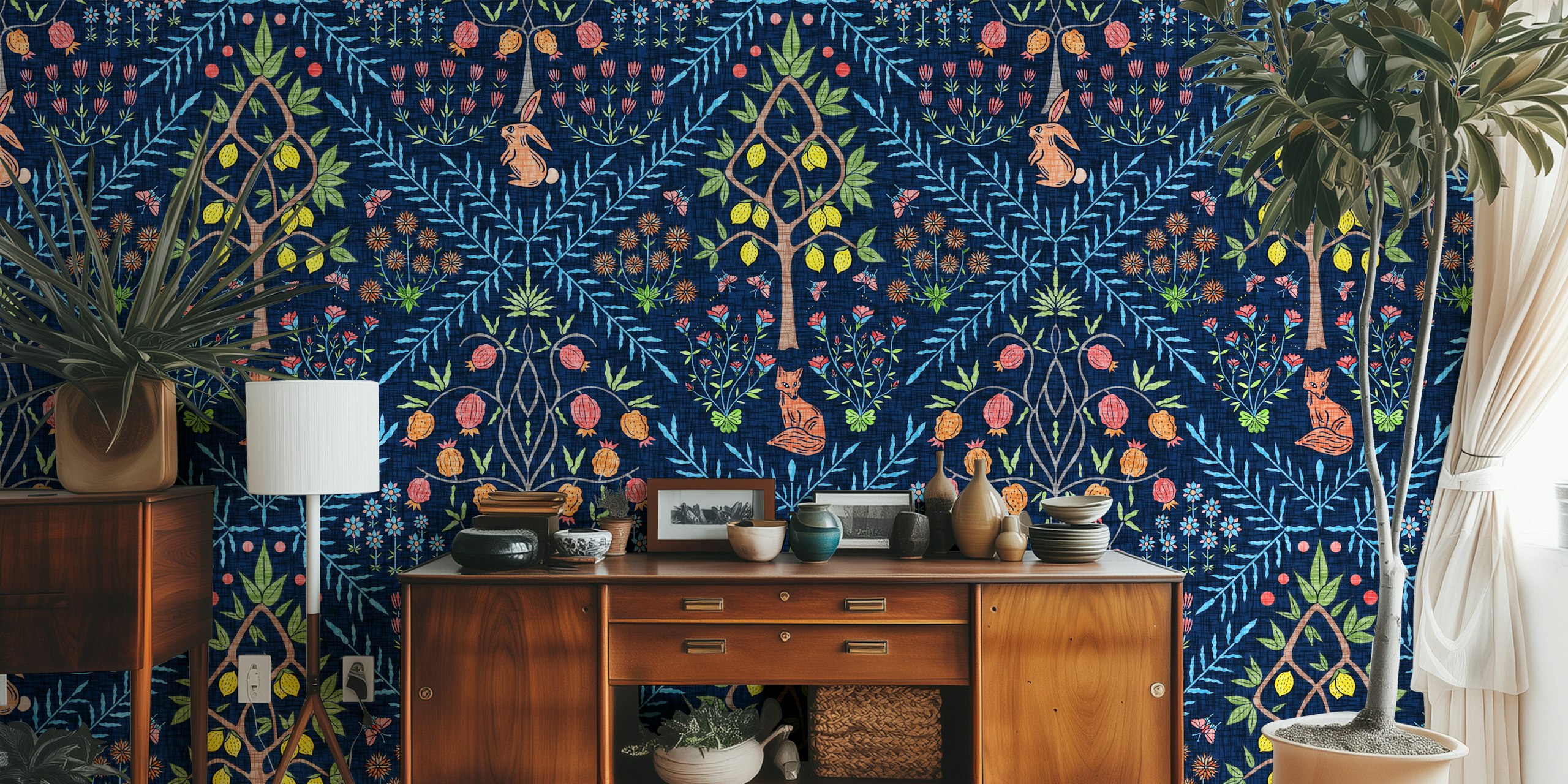 Fox with lemons and pomegranates wallpaper design