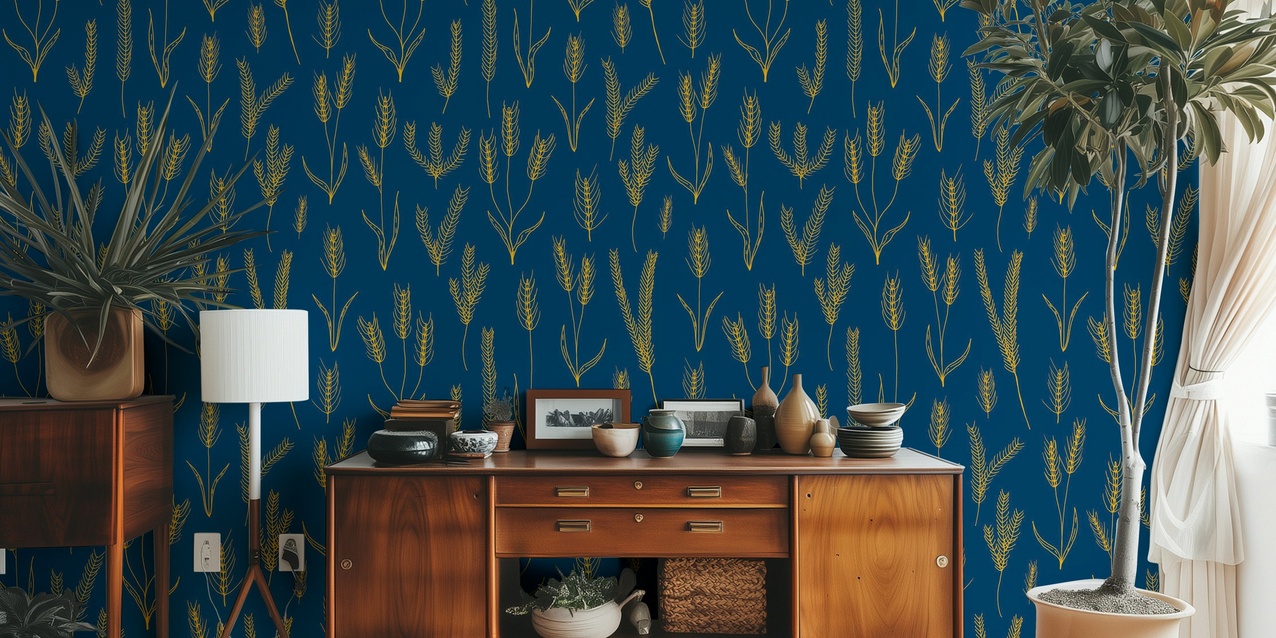 Navy blue wallpaper with yellow wheat floral pattern