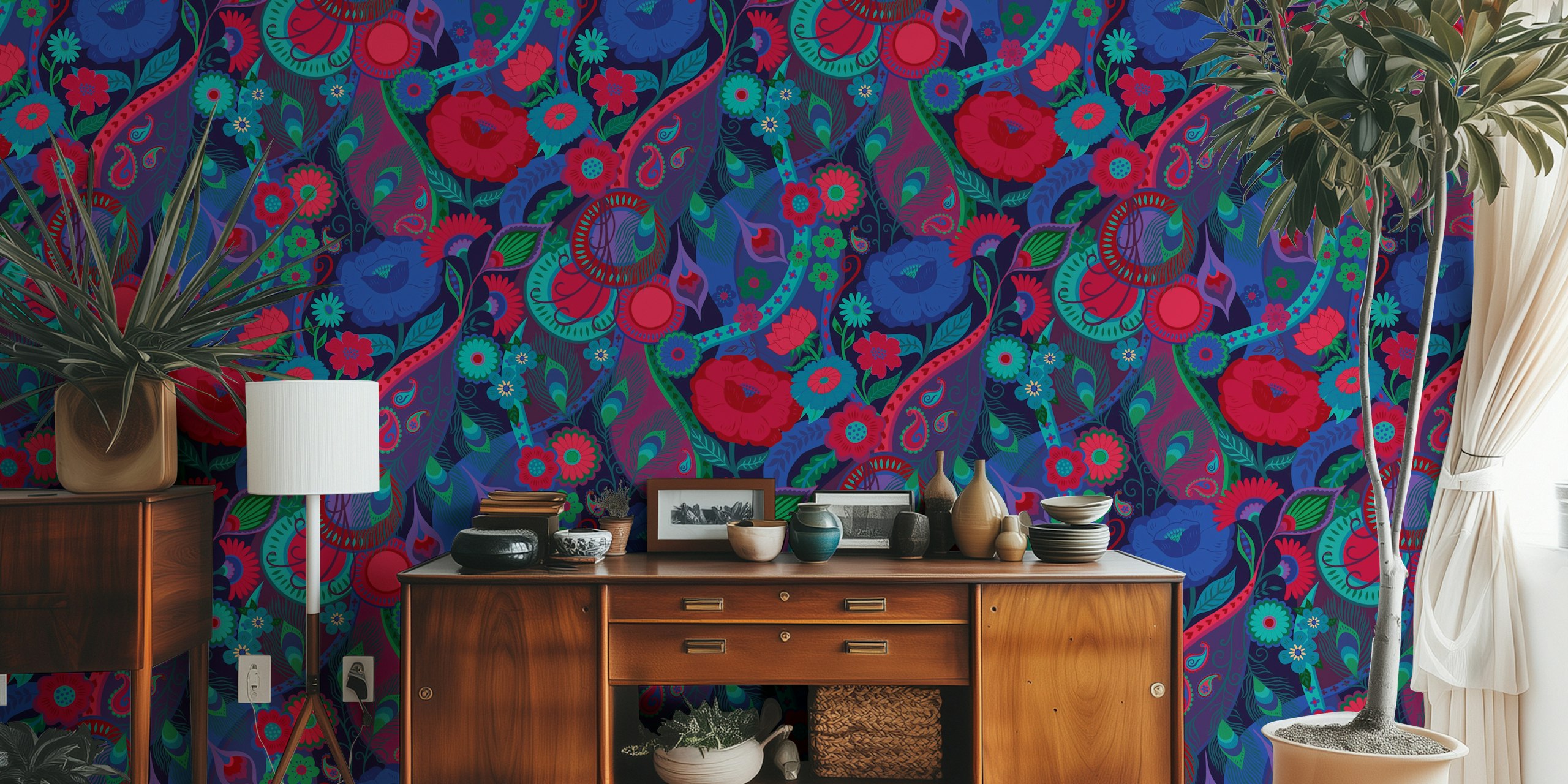 Colorful floral wallpaper in a room