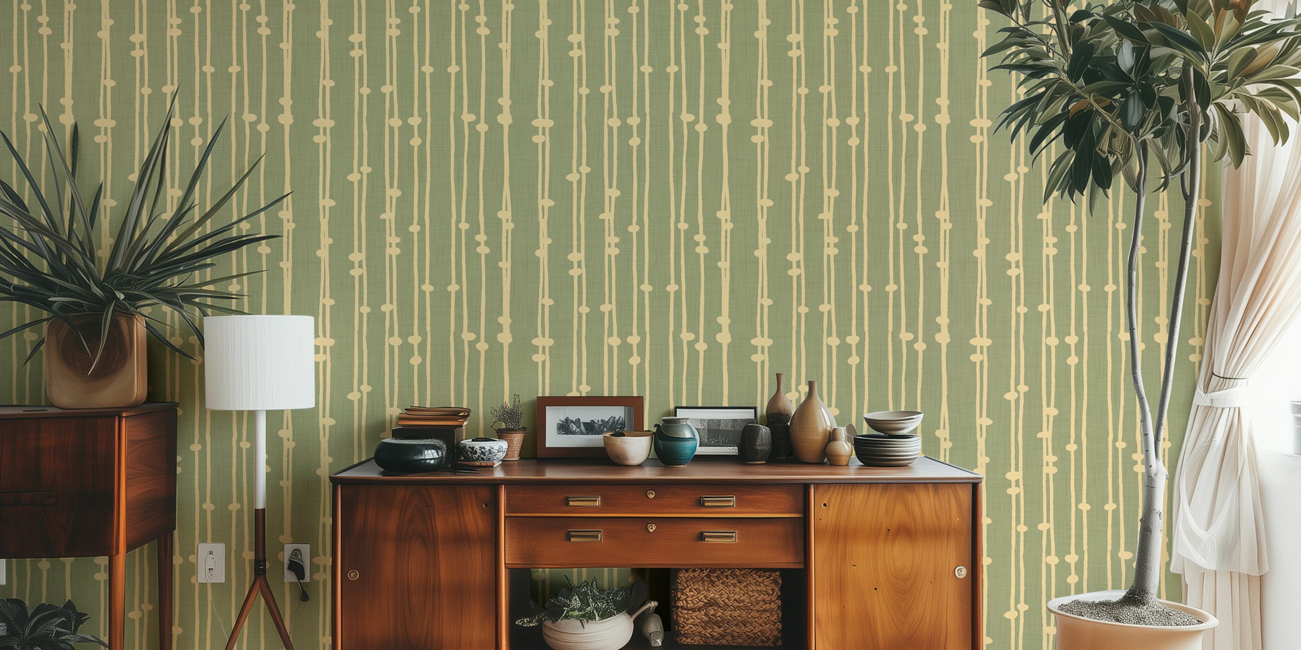 Boho striped wallpaper in green and cream colors with a textured design