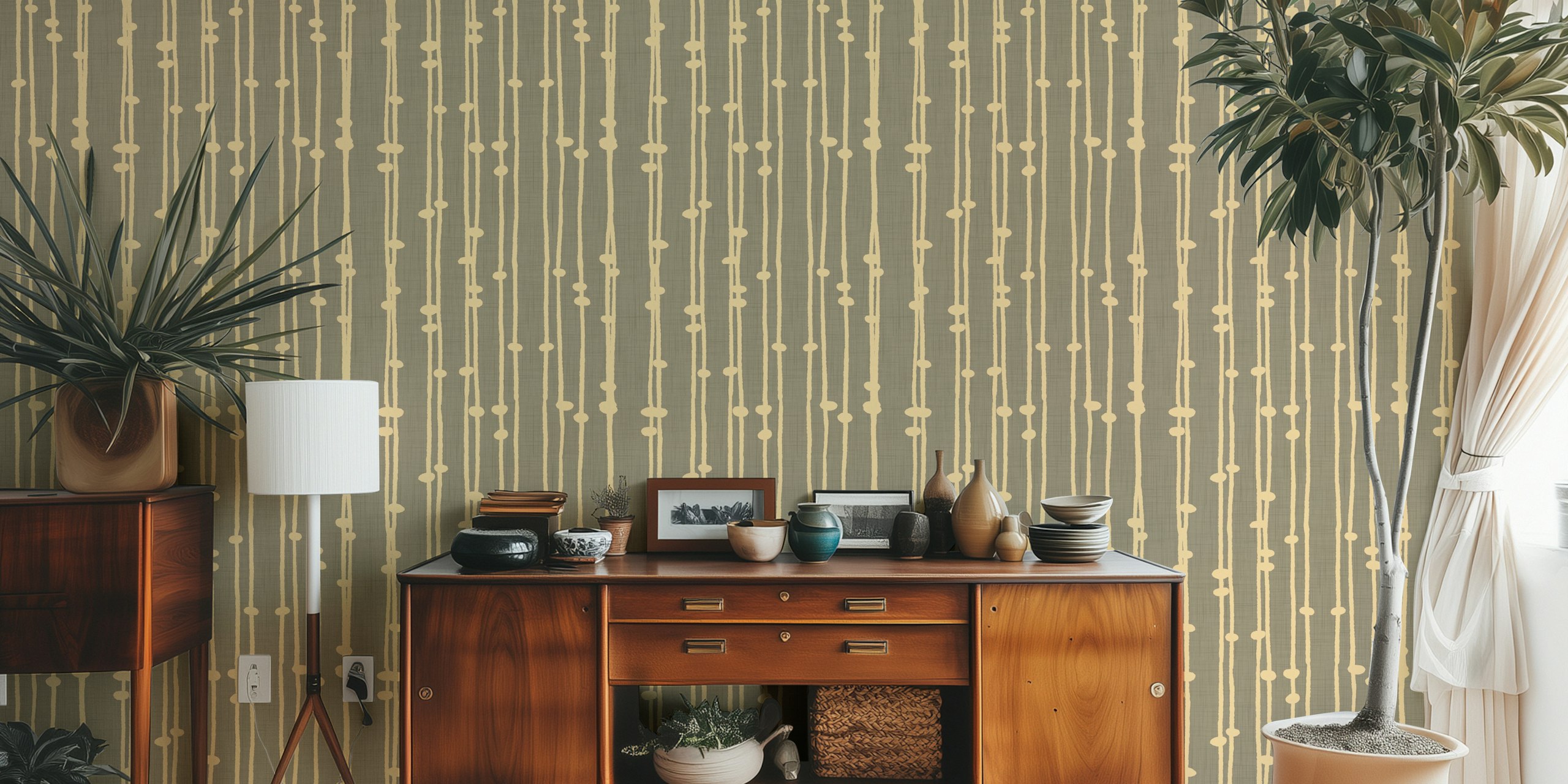 Boho Jewel Tone Stripes Retro Taupe wallpaper in a room
