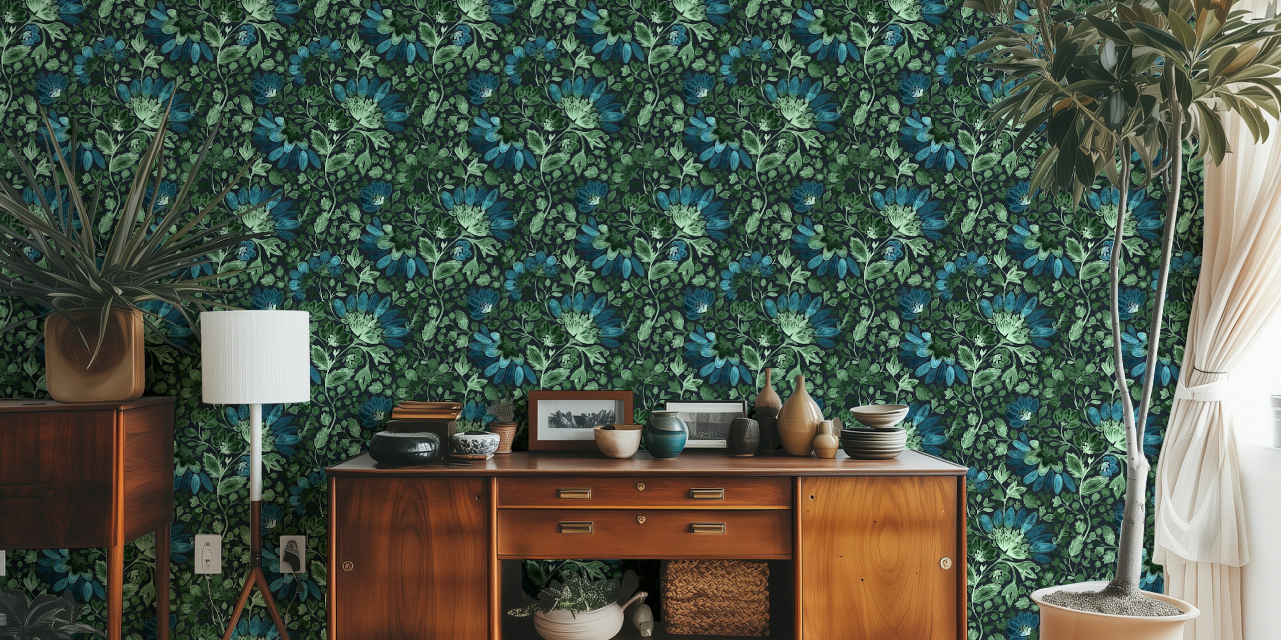 Emerald green and blue floral pattern on dark background wallpaper