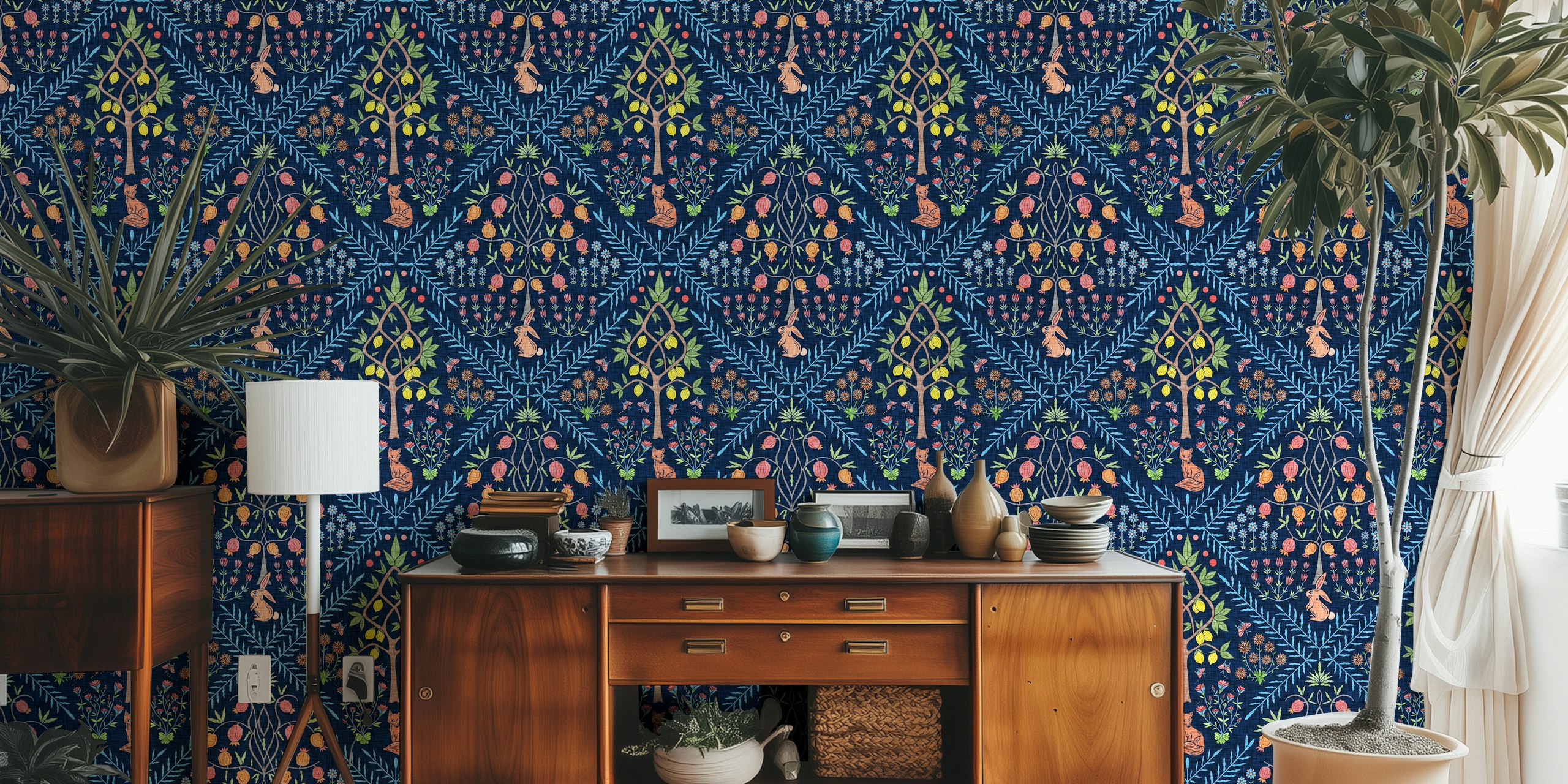 Fox and herb garden folk tapestry wallpaper