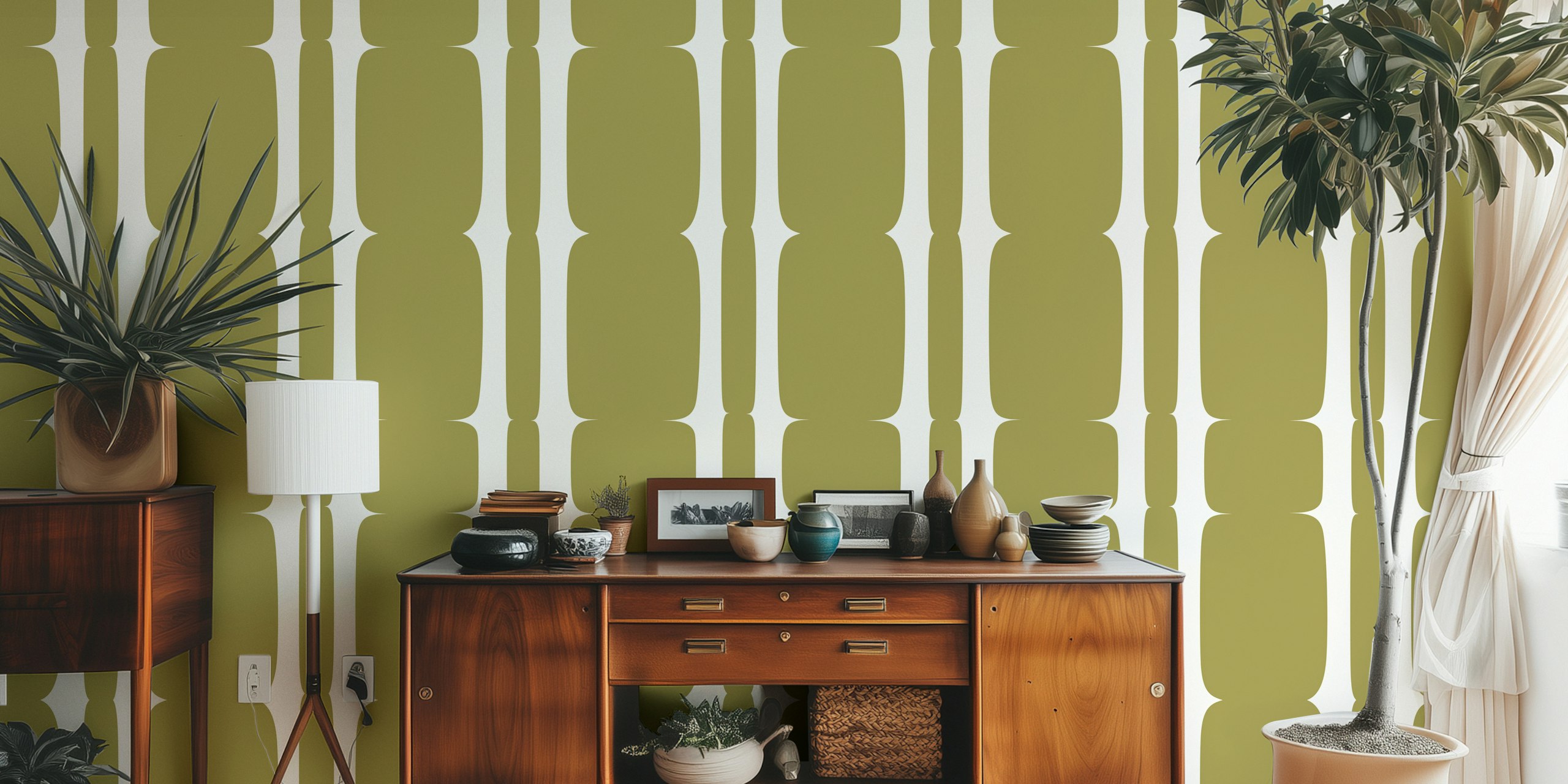 Papel de parede Olive Retro Stripes aplicado em um cômodo