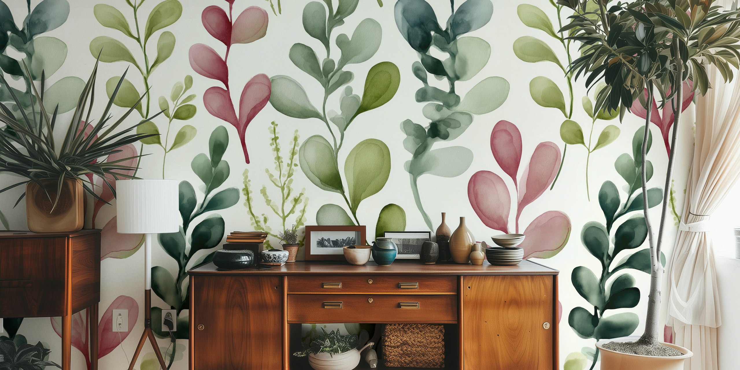 Green and Burgundy Leaf Watercolor Design in una stanza