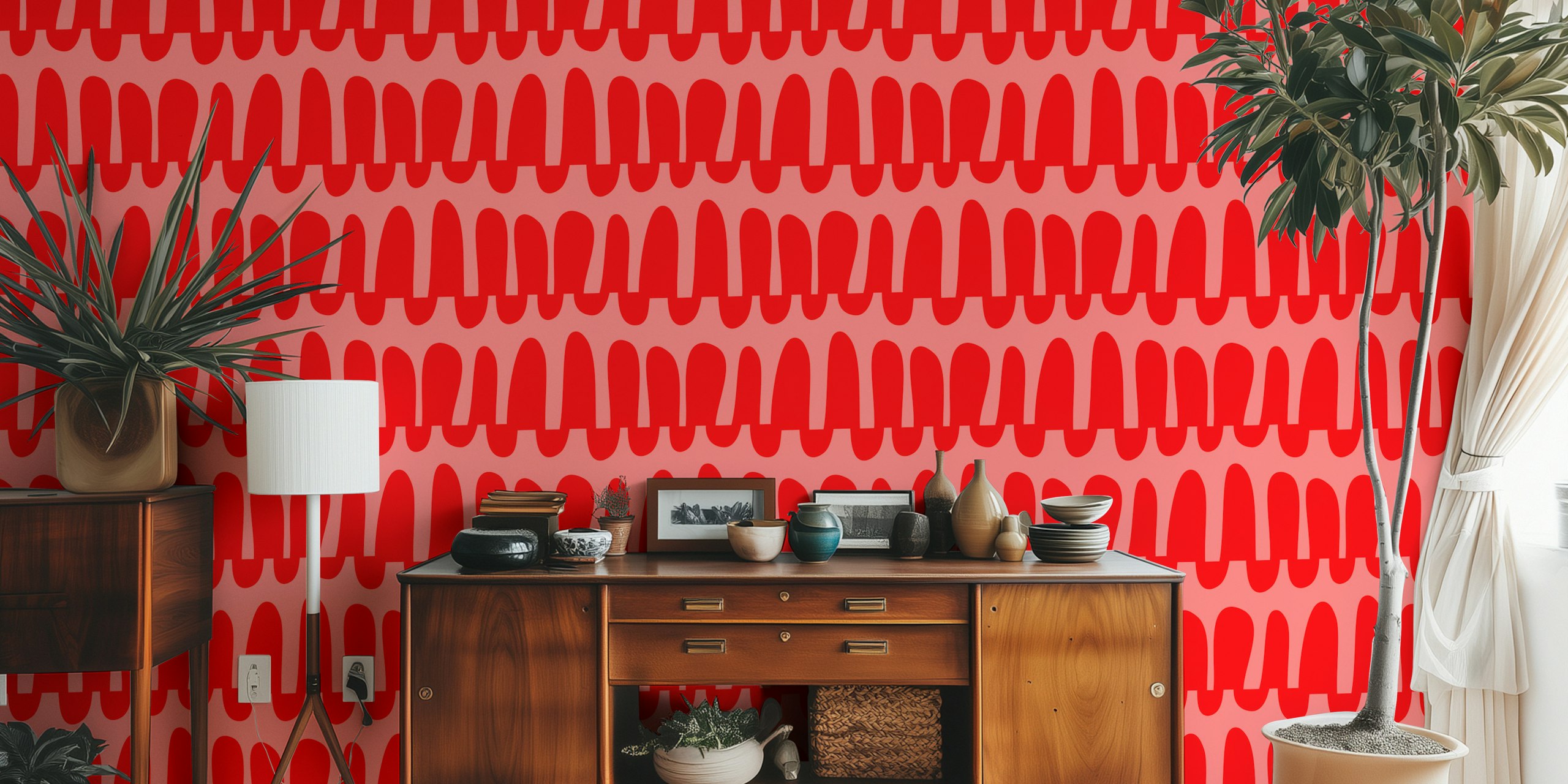 Wavy horizontal stripes pink red wallpaper in room