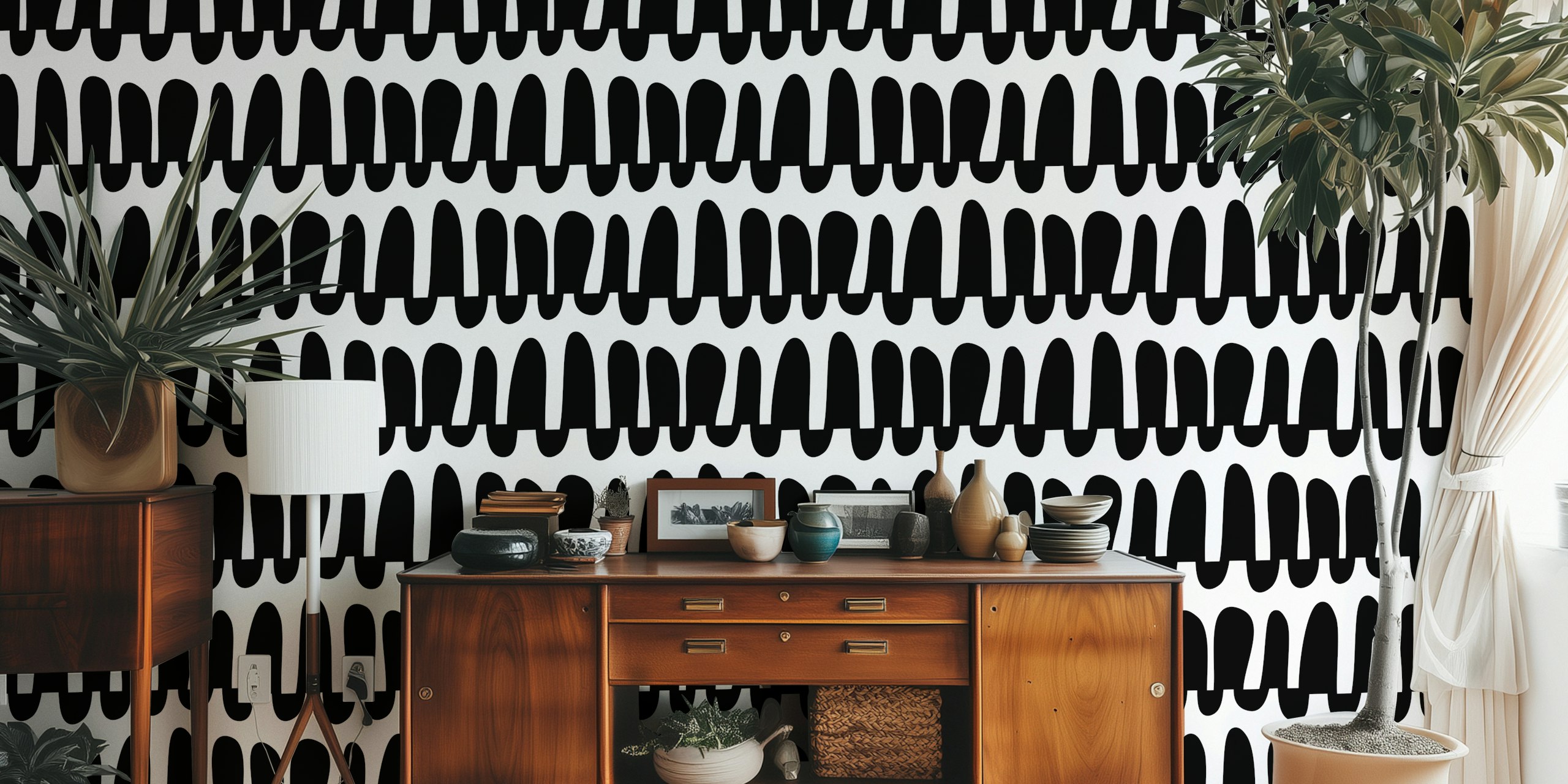 Wavy horizontal stripes in black and white wallpaper