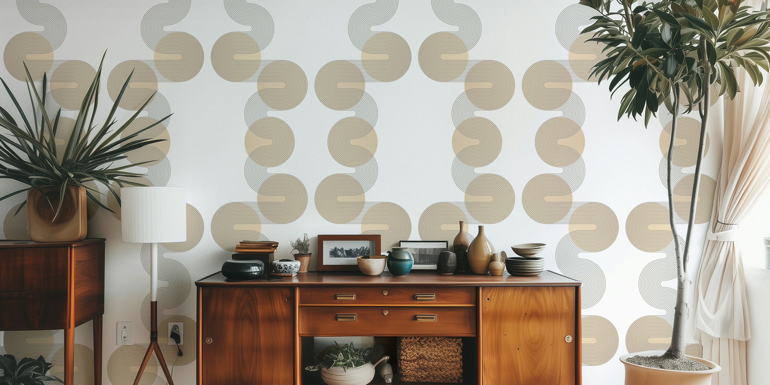 Papel tapiz Mid Century Circle Waves en una habitación