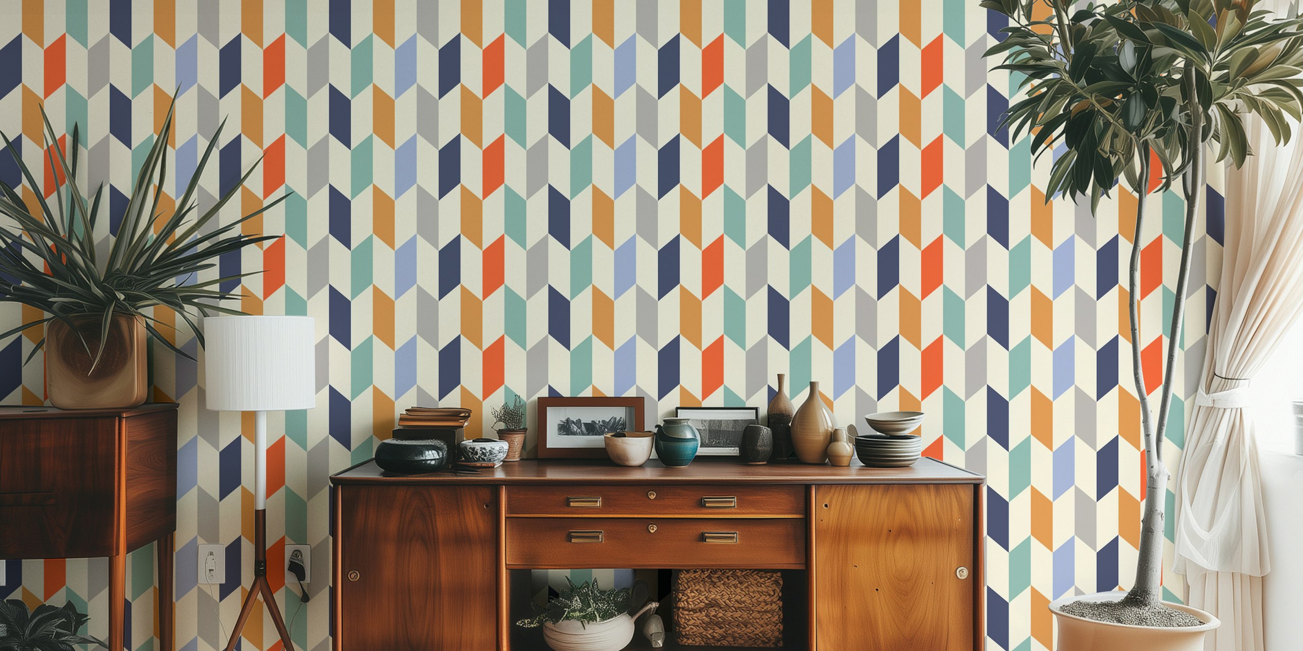 Multicolored geometric patterns in various shapes on wallpaper