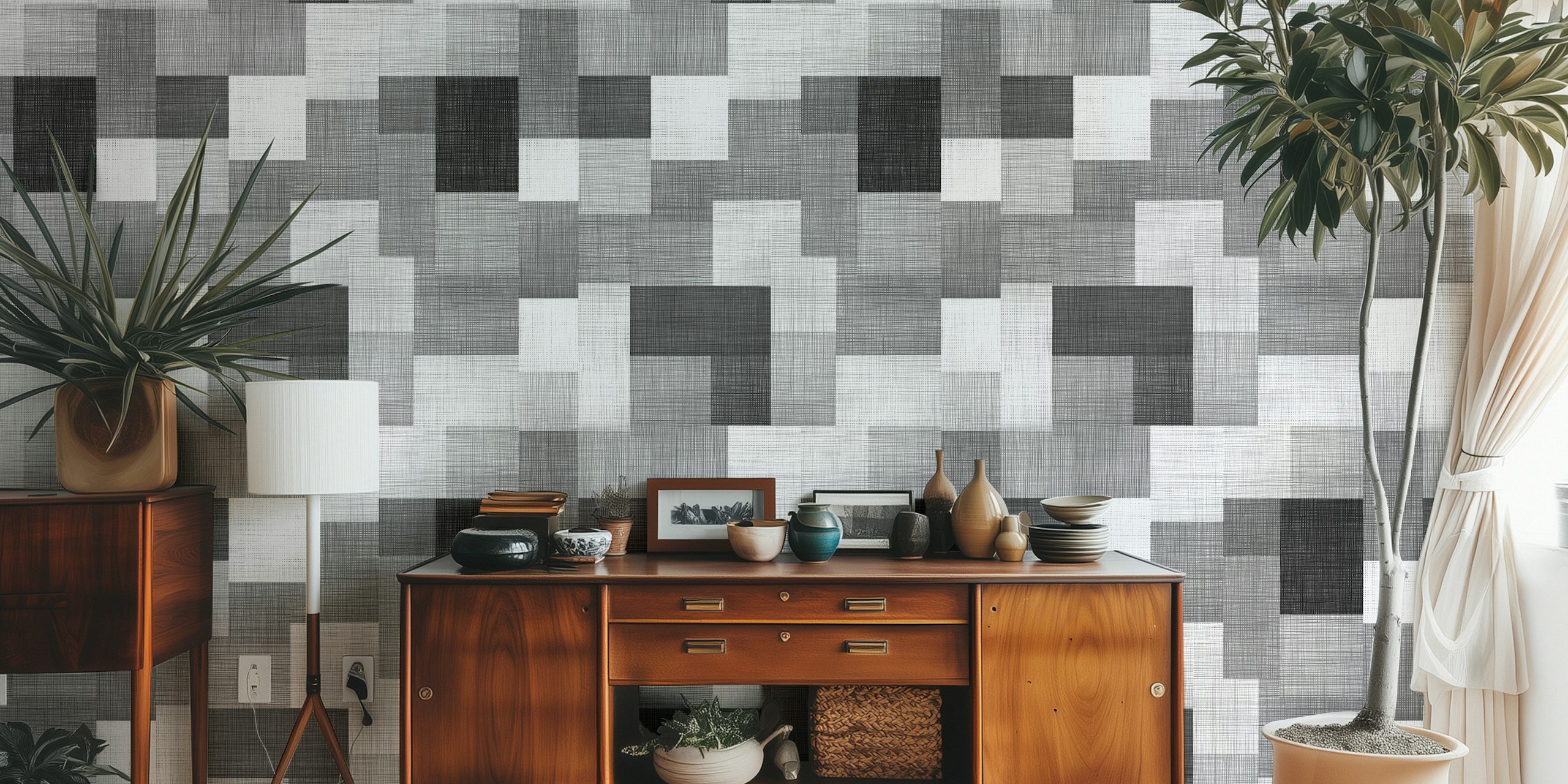 Papel de parede Monochrome Grid Harmony em um quarto