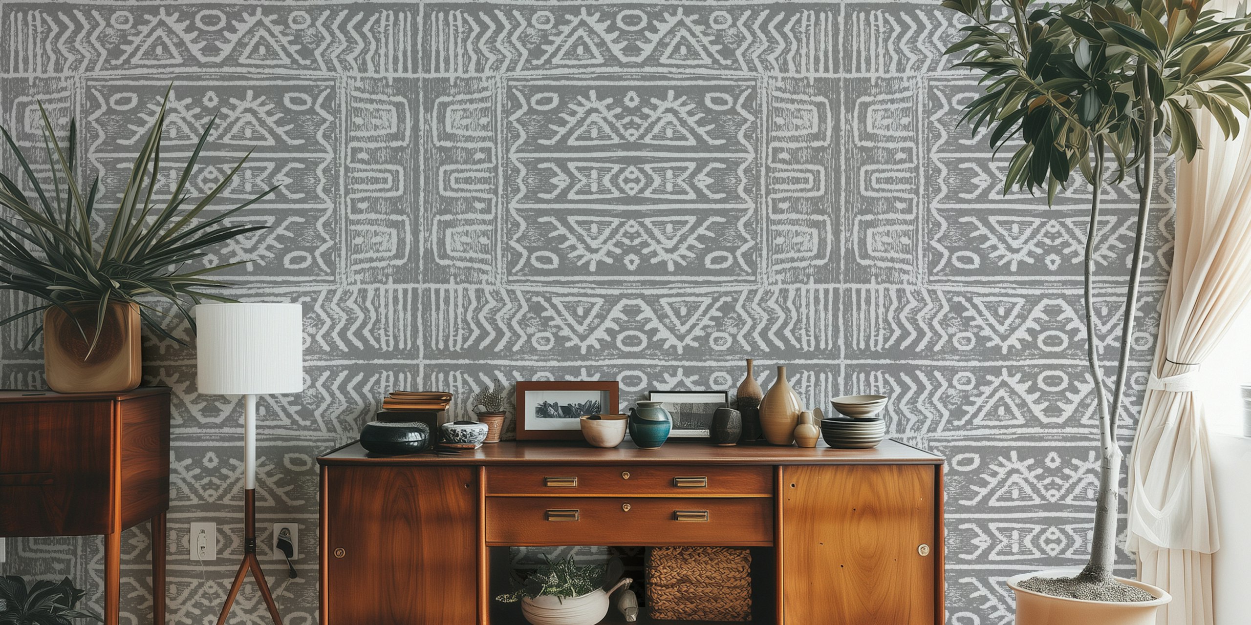 Mudcloth Grey wallpaper in a room