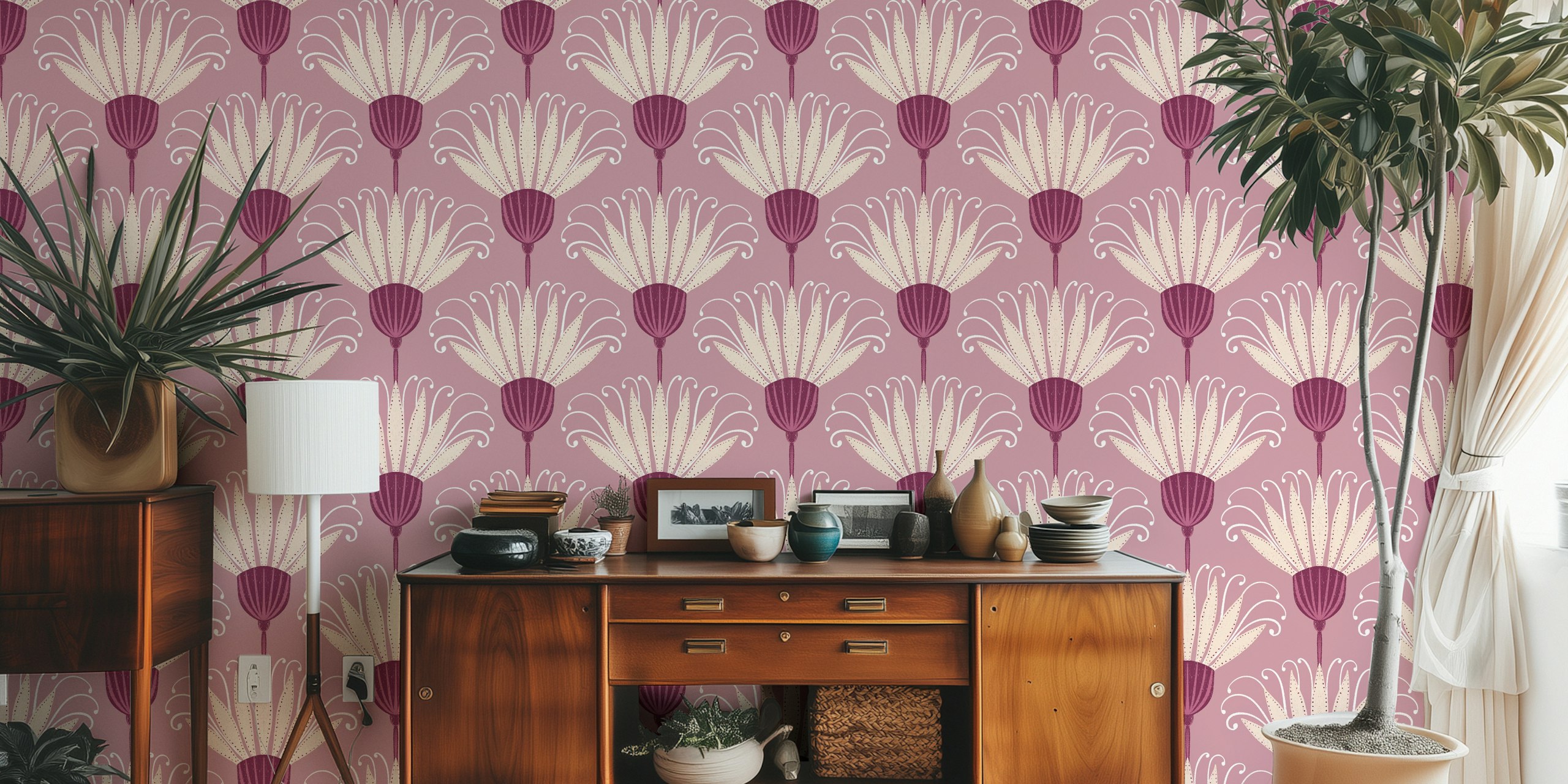 Large plum purple retro floral wallpaper with cream flowers