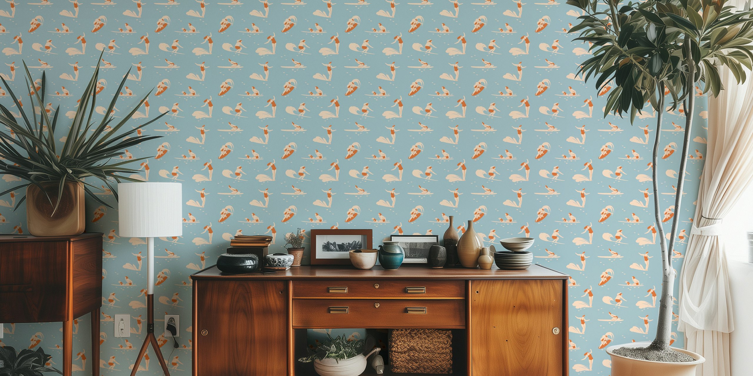 Vintage surfing wallpaper featuring surfers on blue background