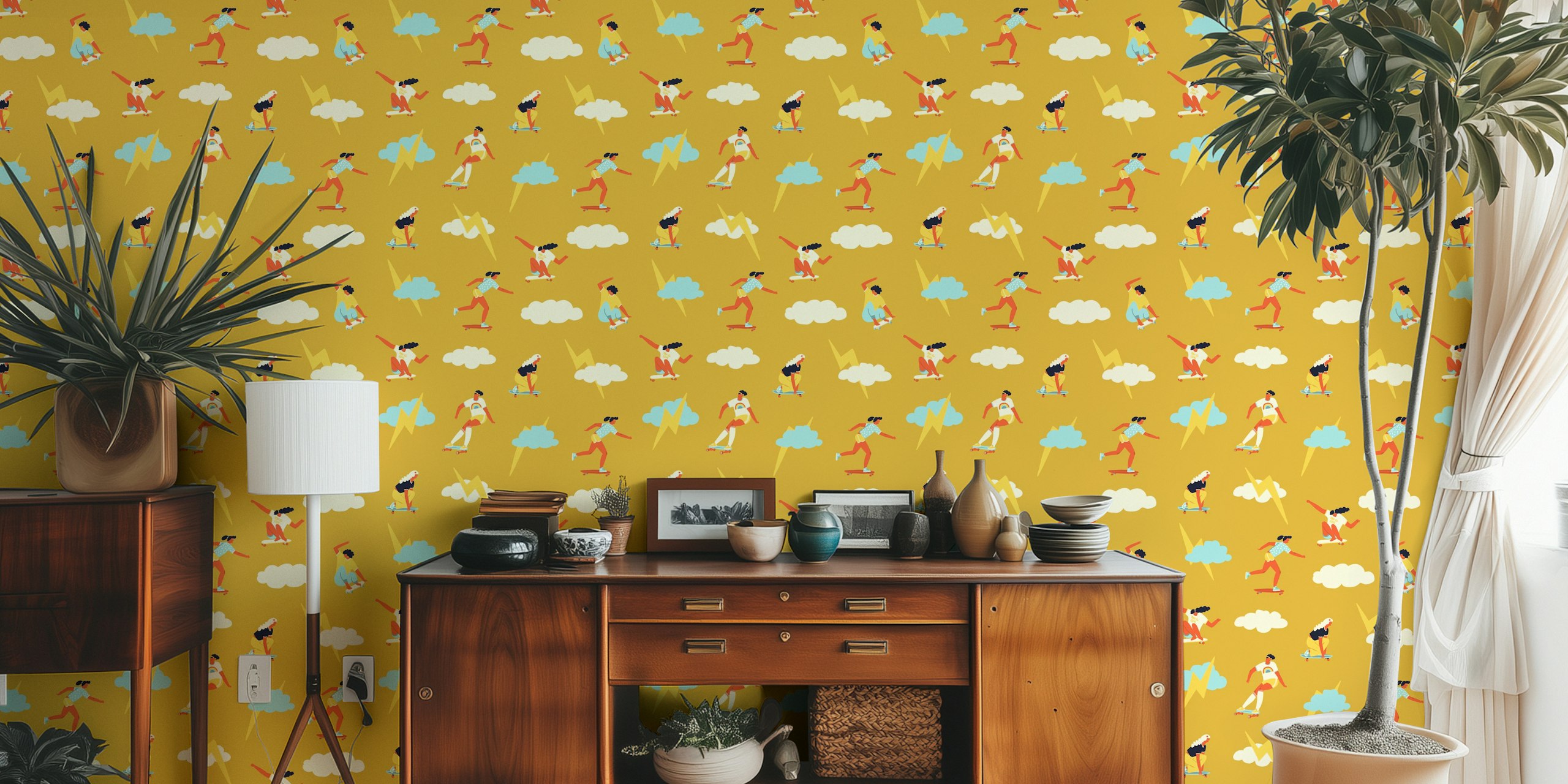 Animated women in dynamic poses on mustard background with clouds and lightning bolts wall mural