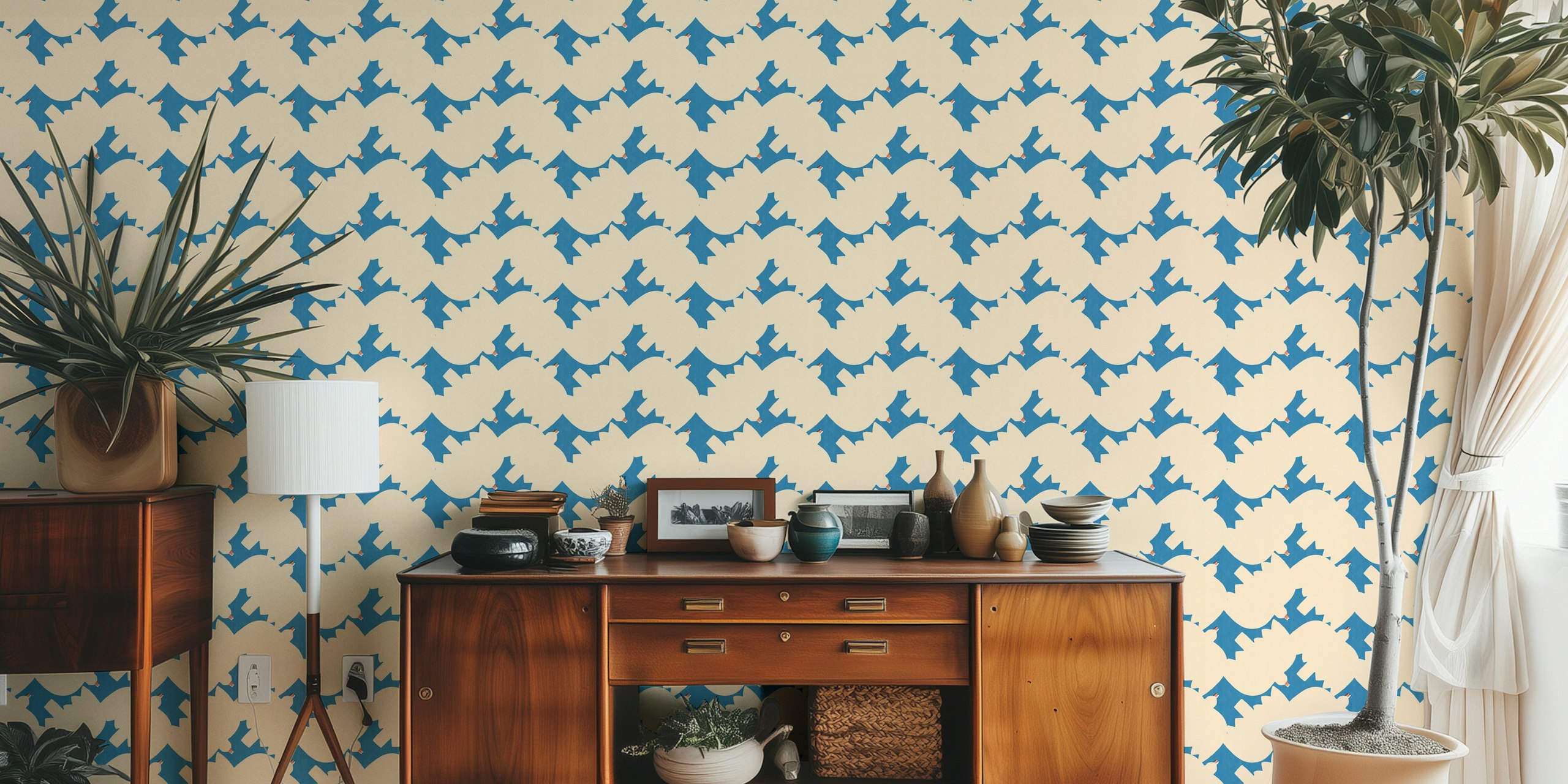 Wallpaper with white birds pattern in a styled room