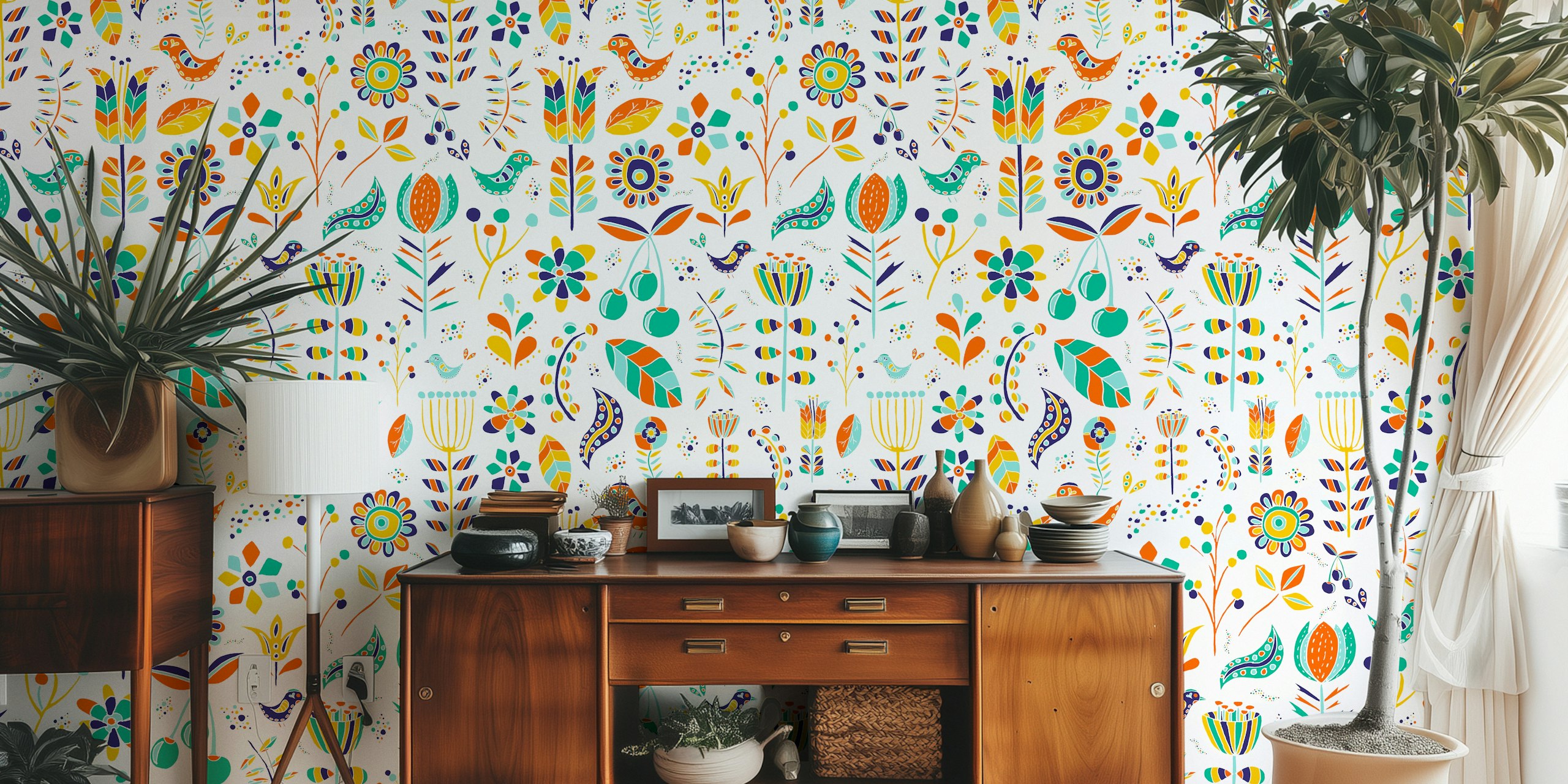 Colorful floral and bird patterns in various bright colors on a white background wallpaper