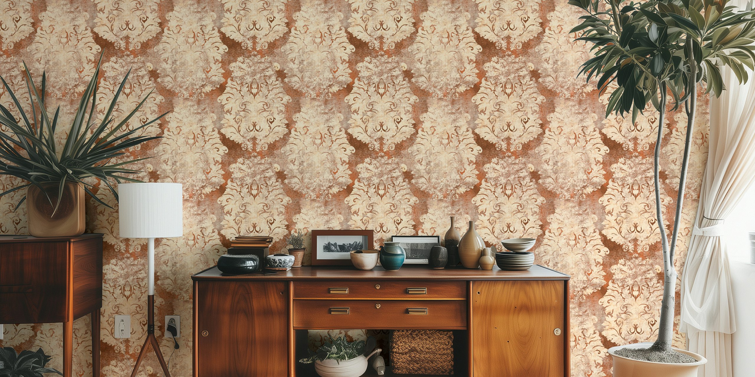Antique damask pattern wall mural in terracotta brown