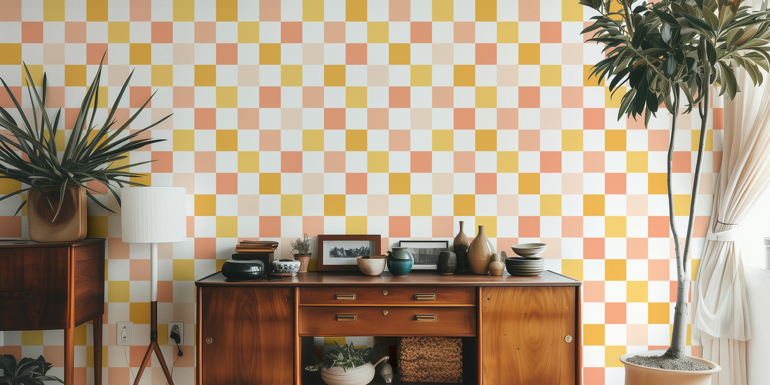 Boho checkered design in peach, yellow, and cream colors wallpaper