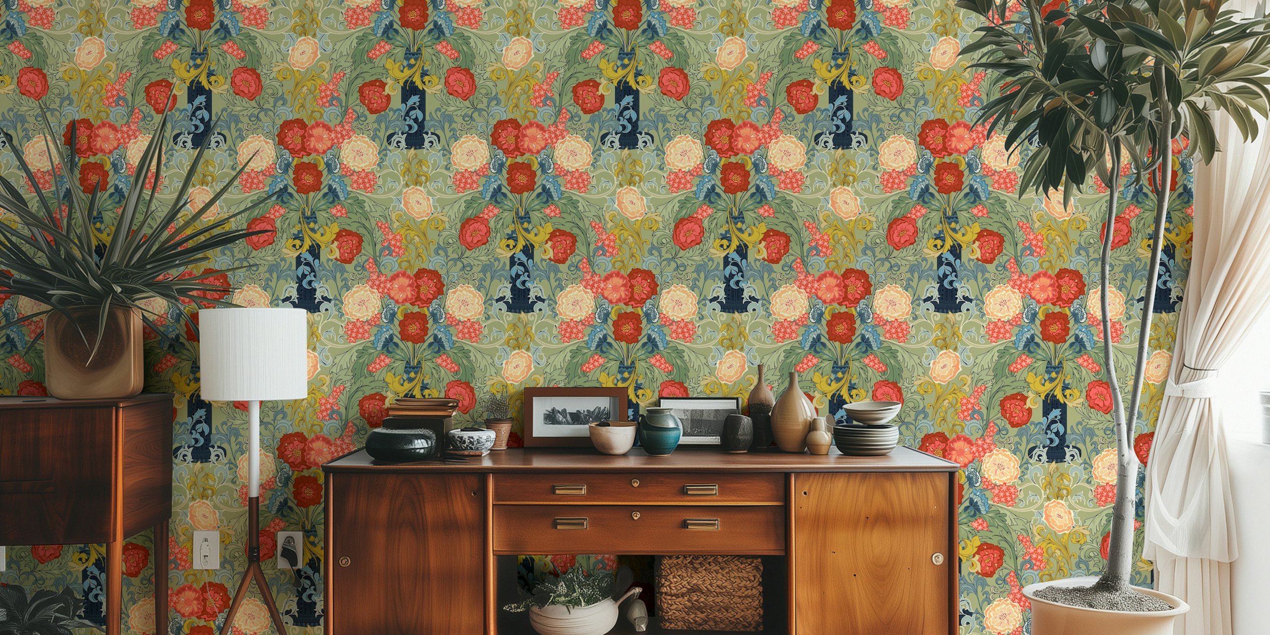 Victorian bloemenbehang met rozen en groene bladeren in salie groene achtergrond.